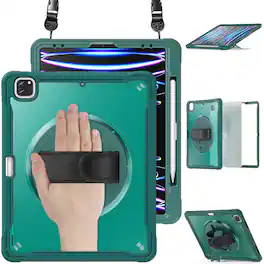 Dteck - Rugged Case for Apple iPad Pro 12.9" Built-in Screen Protector, Shockproof Stand Cover with Shoulder Strap Handle Grip - Darkgreen