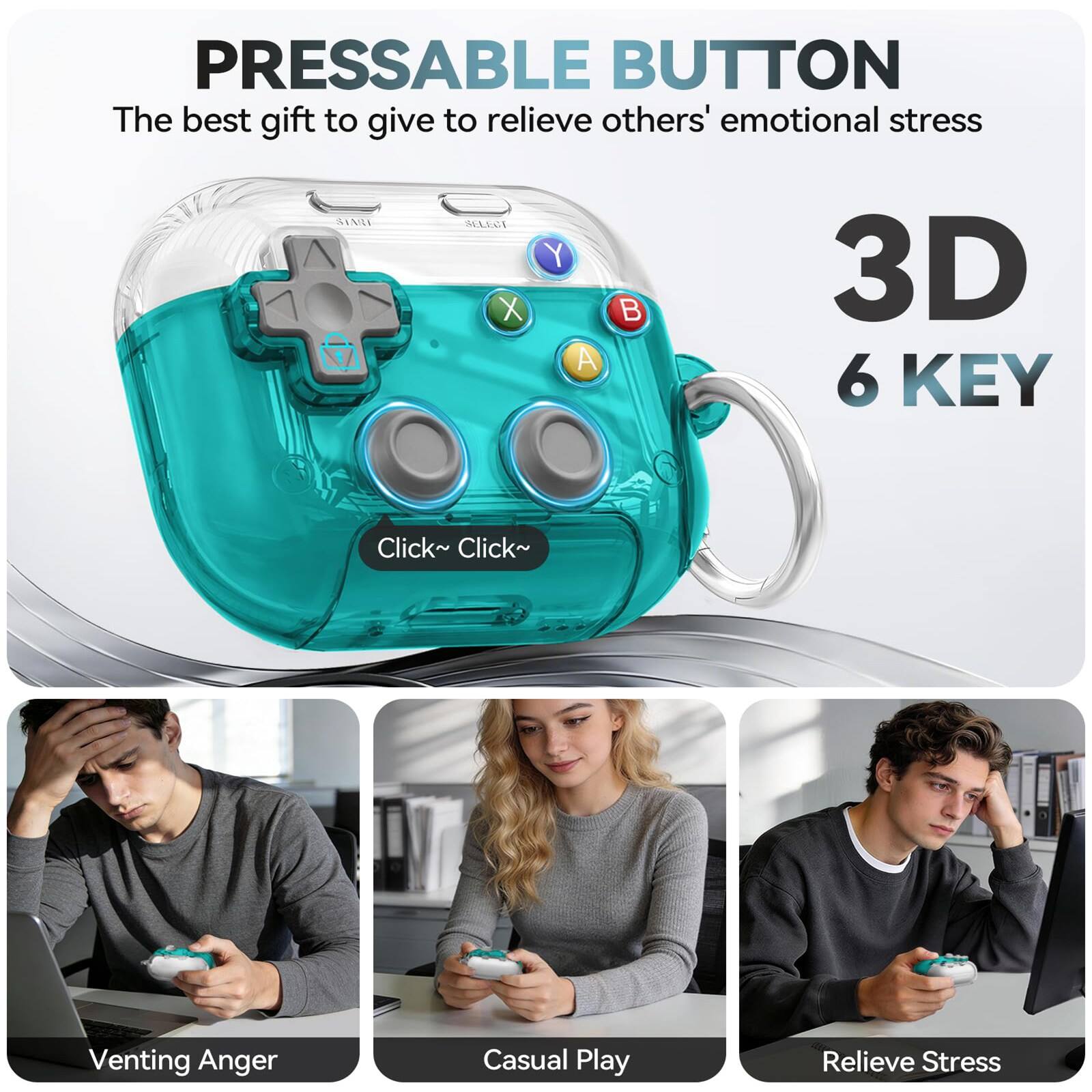 PRESSABLE BUTTON  
The best gift to give to relieve others' emotional stress  

3D 6 KEY  
Click~ Click~  

Venting Anger  
Casual Play  
Relieve Stress