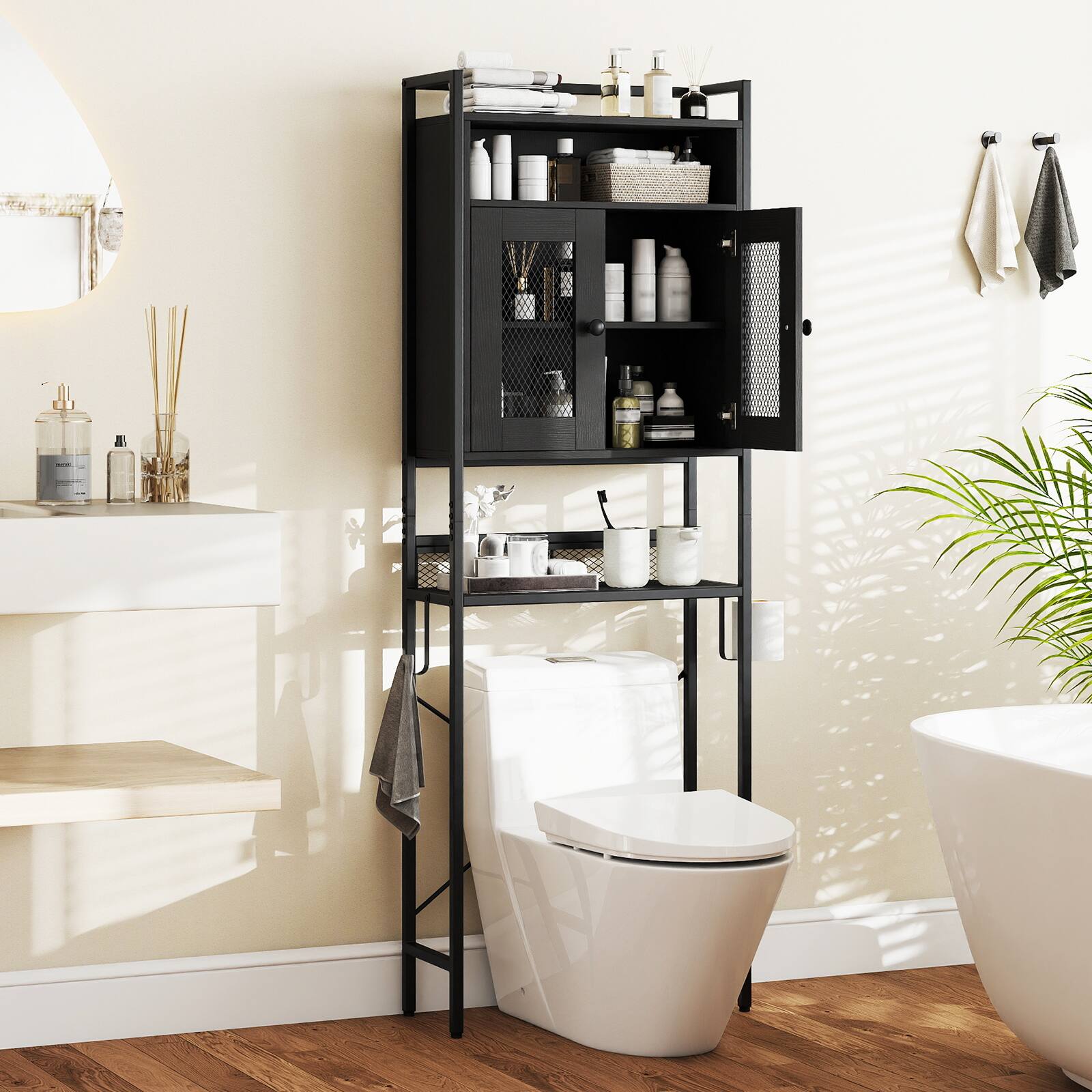 Alt View 1. Gymax - Gymax Over The Toilet Cabinet Bathroom Toilet Storage Organizer w/ Double Door Cabinet - Black.
