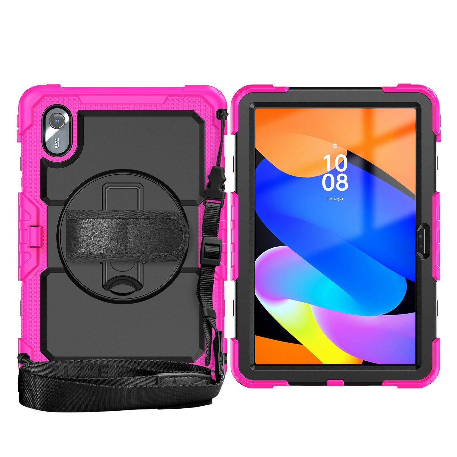 Angle. UUCOVER - Full Body Case for Lenovo Idea Tab 11 inch (TB336) 2025 /K11 Gen 2 Built-in Screen Protector Stand Shoulder Strap Cover - Black+Rose.