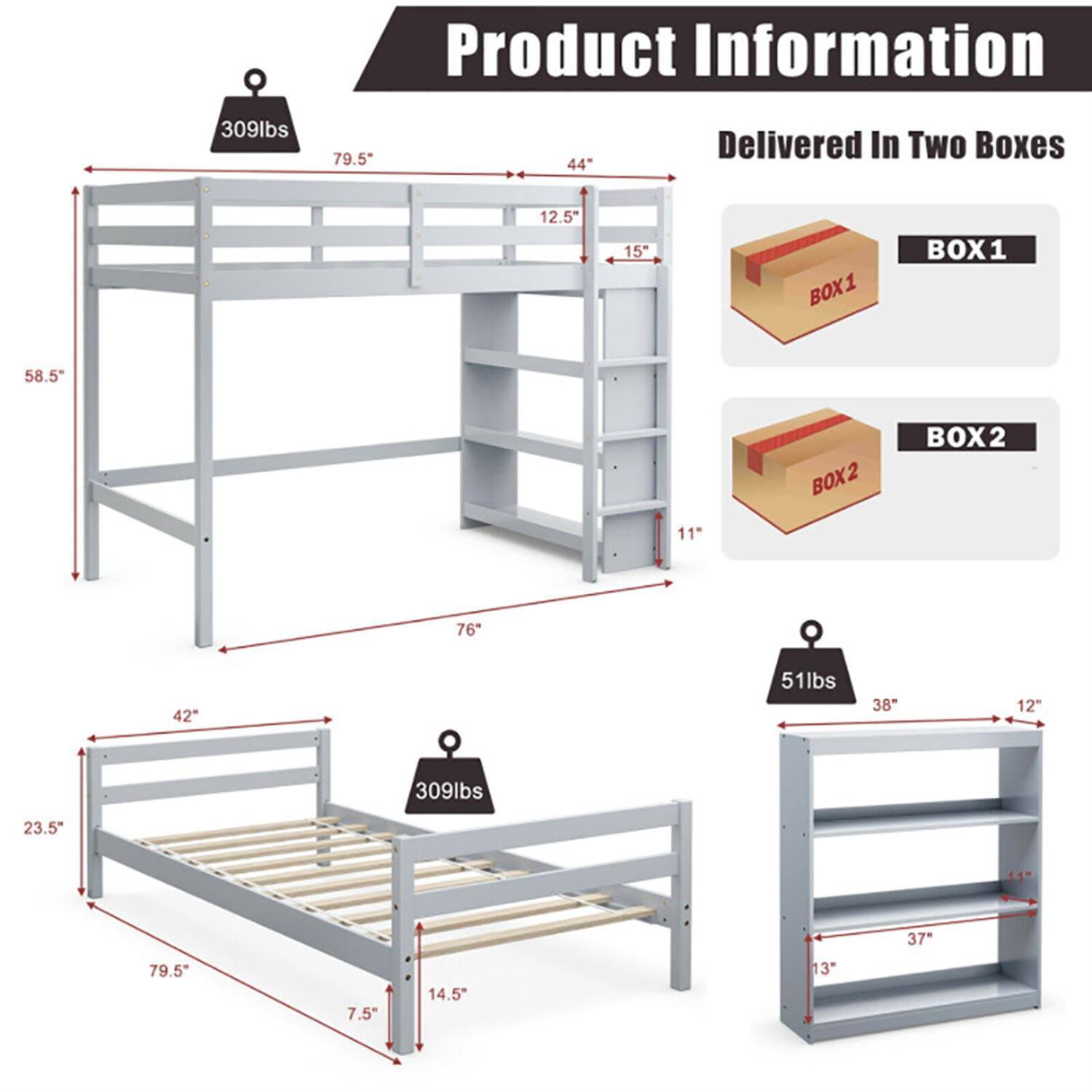 Product Information

- 309lbs
- 79.5"
- 44"
- 12.5"
- 15"
- 58.5"
- 11"
- 76"
- 42"
- 23.5"
- 309lbs
- 37"
- 7.5"
- 14.5"
- 13"

Delivered In Two Boxes

- BOX1
- BOX2

- 51lbs
- 38"
- 12"
- 37"
