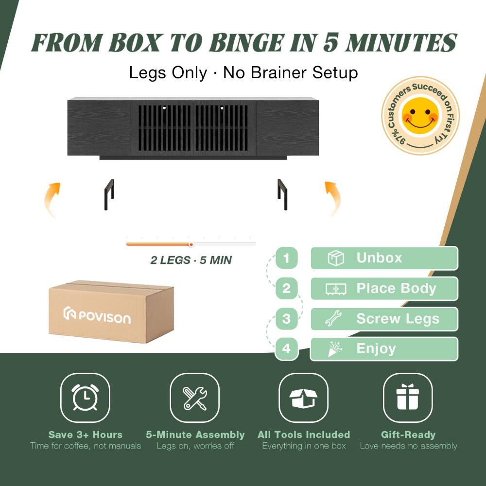 FROM BOX TO BINGE IN 5 MINUTES  
Legs Only • No Brainer Setup  

1. Unbox  
2. Place Body  
3. Screw Legs  
4. Enjoy  

2 LEGS • 5 MIN  

- Save 3+ Hours  
- 5-Minute Assembly  
- All Tools Included  
- Gift-Ready  

Time for coffee, not manuals  
Legs on, worries off  
Everything in one box  
Love needs no assembly  

Customers First on 97%