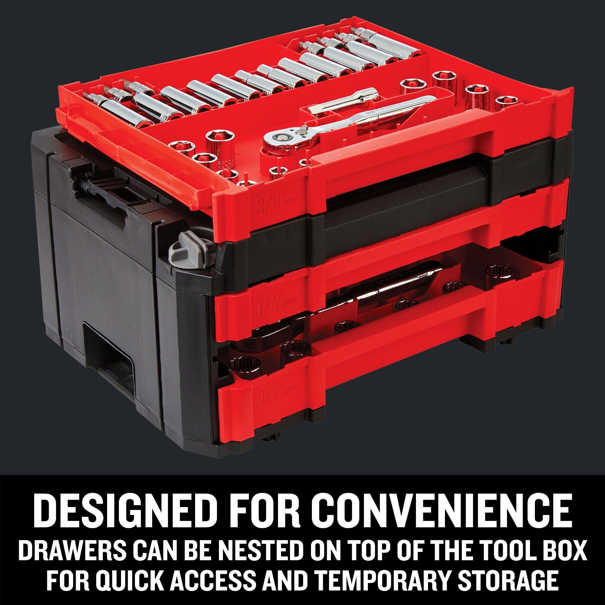 DESIGNED FOR CONVENIENCE  
DRAWERS CAN BE NESTED ON TOP OF THE TOOL BOX FOR QUICK ACCESS AND TEMPORARY STORAGE