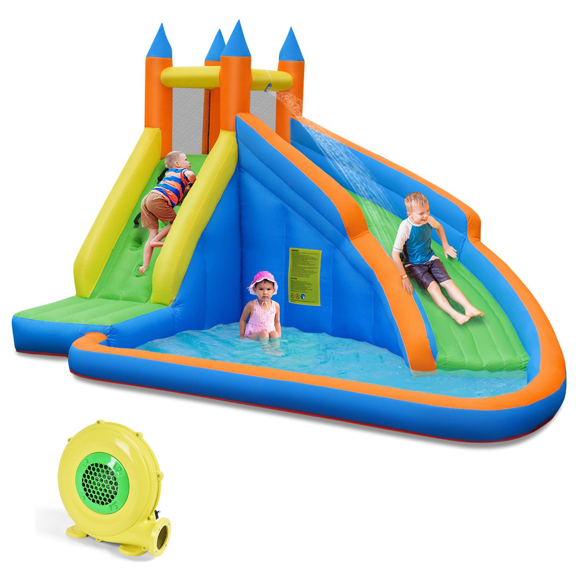 Costway - Inflatable Water Slide Mighty Bounce House Splash Pool with 480W Blower - Multicolor
