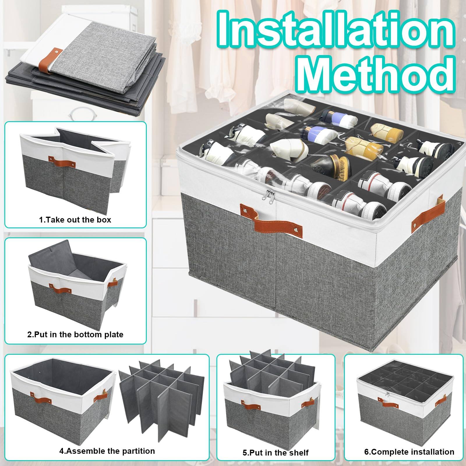 Installation Method

1. Take out the box
2. Put in the bottom plate
3. Assemble the partition
4. Put in the shelf
5. Complete installation
