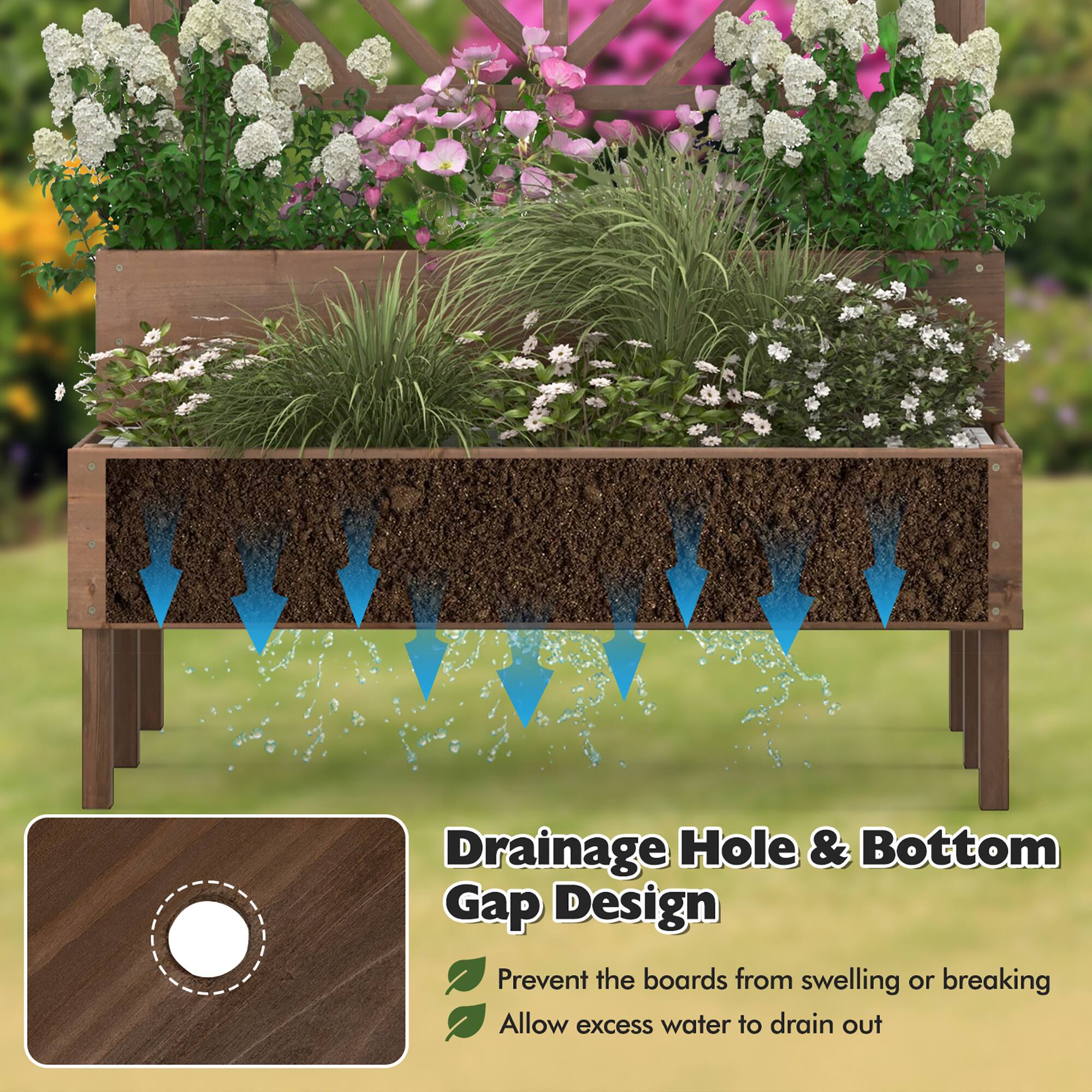 Drainage Hole & Bottom Gap Design: Prevent the boards from swelling or breaking. Allow excess water to drain out.