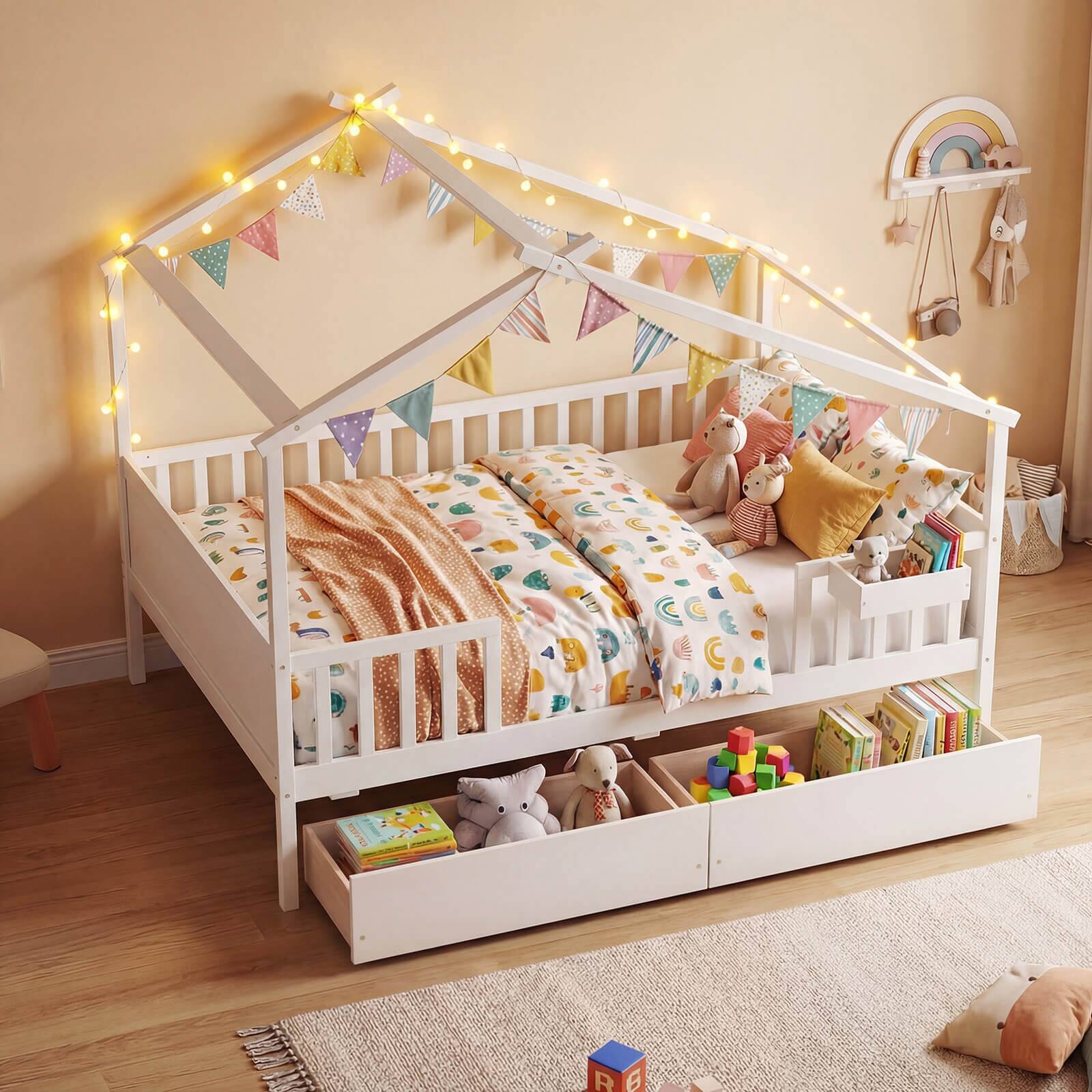 Alt View 1. Costway - Costway Full Size Bed with 2 Storage Drawers, House-shaped Bed Frame - White.