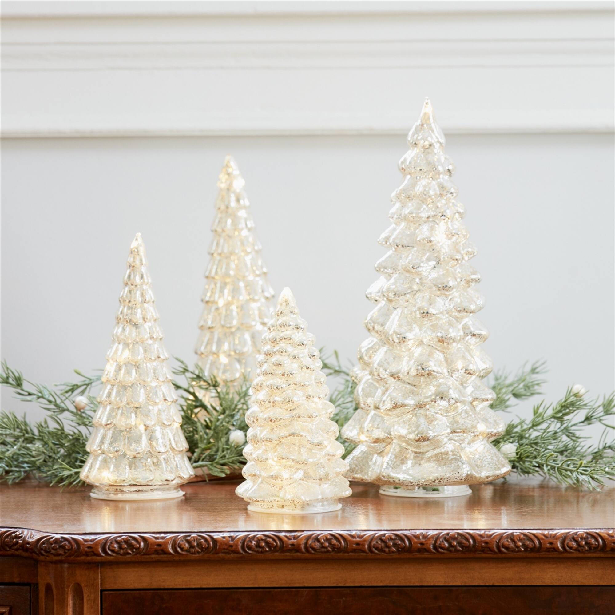 Angle. BreeBe - LED Lighted Mercury Glass Holiday Tree Decor (Set of 4) - Silver, Gold.