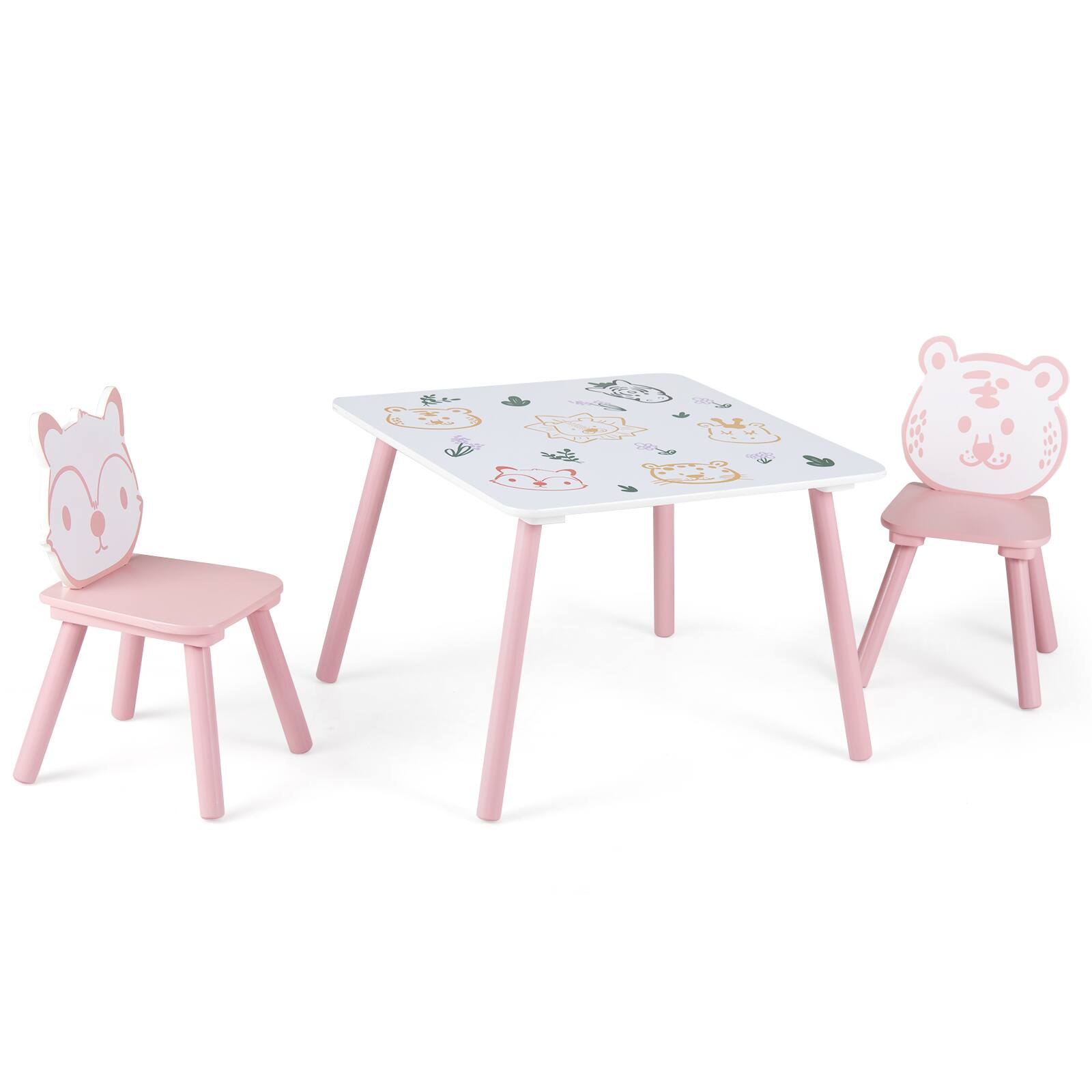Alt View 1. Costway - Costway 3 Pieces Kids Table and Chairs Set with Animal Patterns, Wood Legs, Rounded Corners - Pink + White.