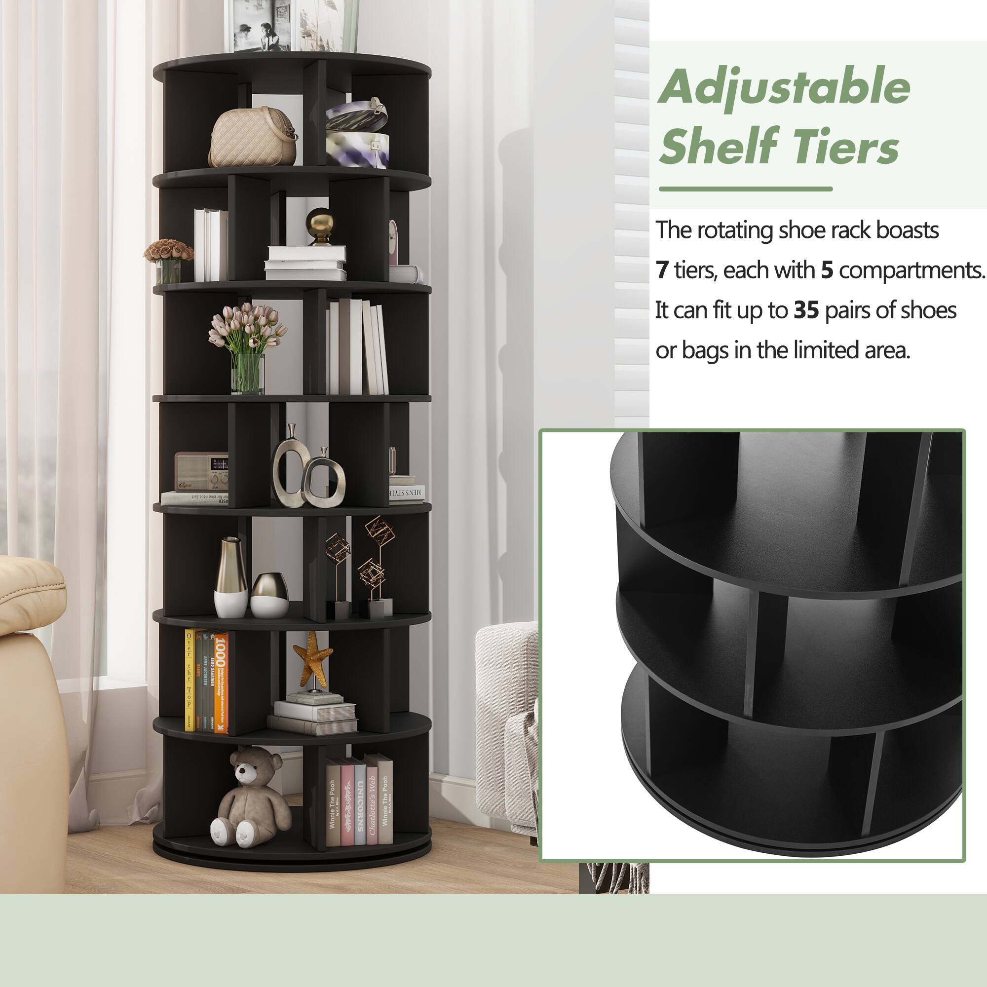 Adjustable Shelf Tiers

The rotating shoe rack boasts 7 tiers, each with 5 compartments. It can fit up to 35 pairs of shoes or bags in the limited area.