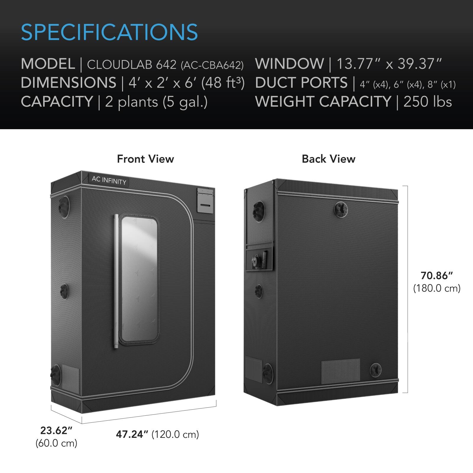SPECIFICATIONS

MODEL | CLOUDLAB 642 (AC-CBA642)  
WINDOW | 13.77" x 39.37"  
DIMENSIONS | 4' x 2' x 6' (48 ft³)  
DUCT PORTS | 4" (x4), 6" (x4), 8" (x1)  
CAPACITY | 2 plants (5 gal.)  
WEIGHT CAPACITY | 250 lbs  

Front View  
Back View  

AC INFINITY  
70.86" (180.0 cm)  
23.62" (60.0 cm)  
47.24" (120.0 cm)