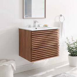 Modway - Render Wall-Mount Bathroom Vanity with White Basin Included - Walnut White