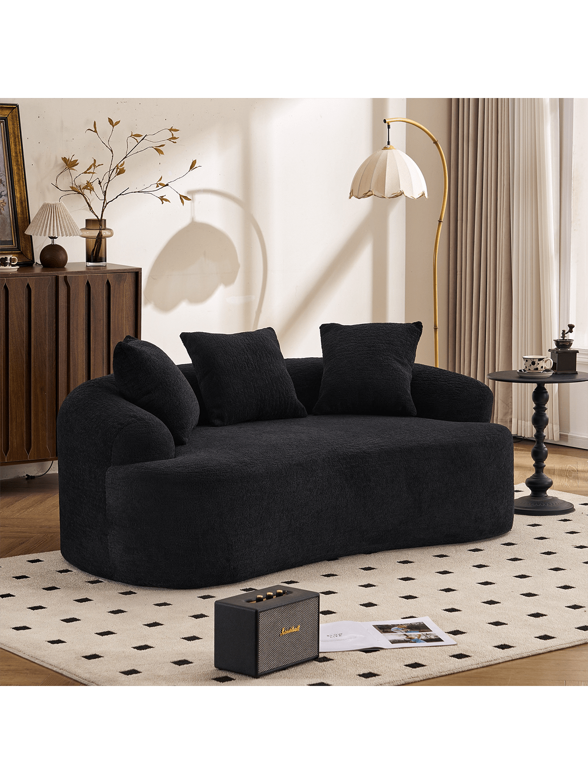 Alt View 5. Trinkets Crazed - 65" Curved Small Loveseat Sofa,Cozy Chenille Upholstered Couch With 3 Pillows,Modern Deep Seat Cloud Couch - Black.