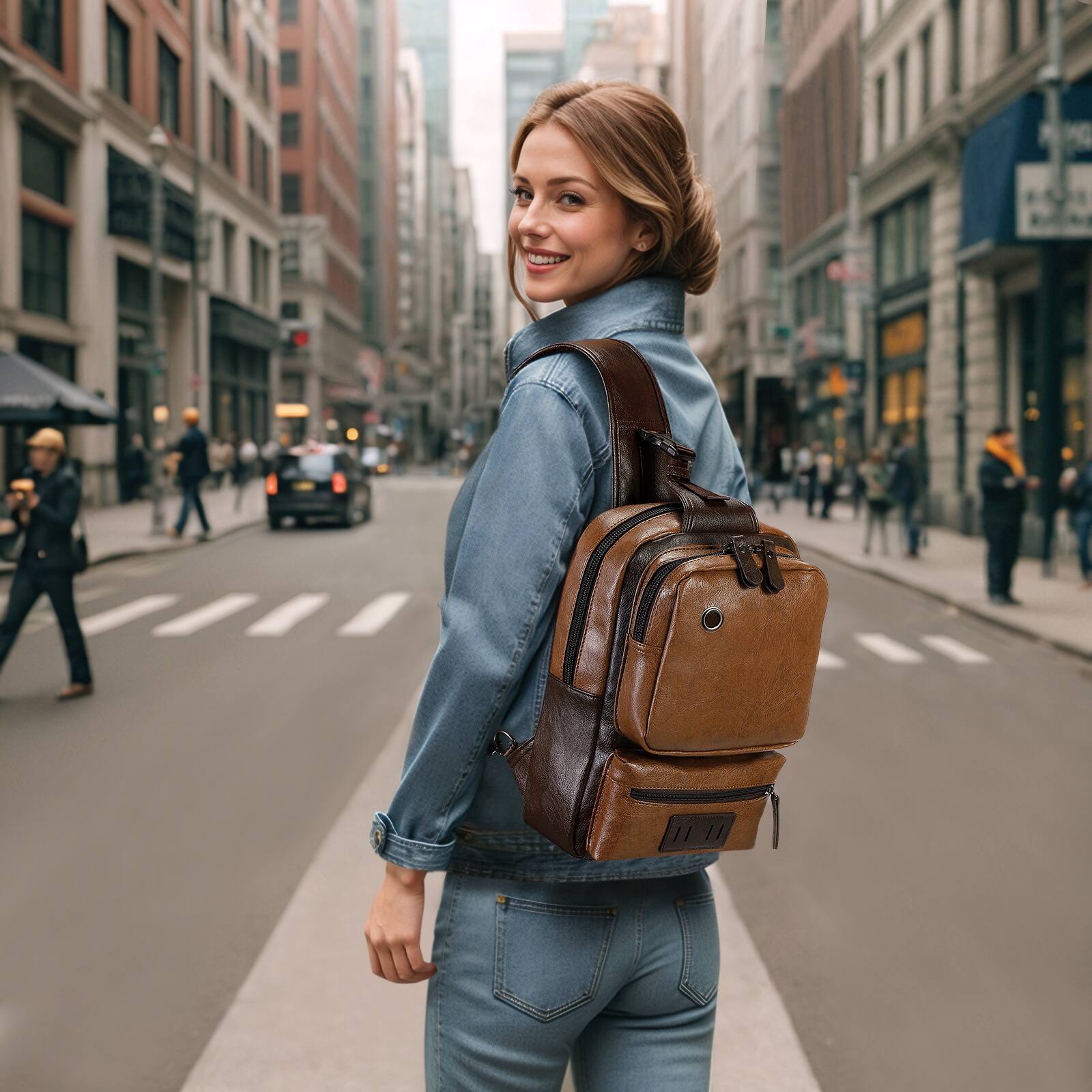 Alt View 5. Unique Bargains - Vintage PU Leather Sling Backpack for Men Women Crossbody Bag Compact Backpack for Travel Daily Use and Gift - Light Brown.
