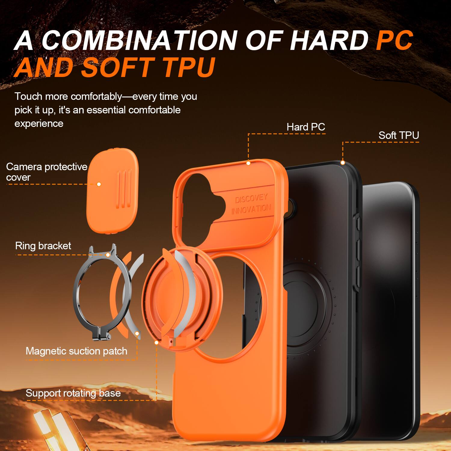 A COMBINATION OF HARD PC AND SOFT TPU

Touch more comfortably—every time you pick it up, it's an essential comfortable experience

Camera protective cover
Ring bracket
Magnetic suction patch
Support rotating base

Hard PC
Soft TPU