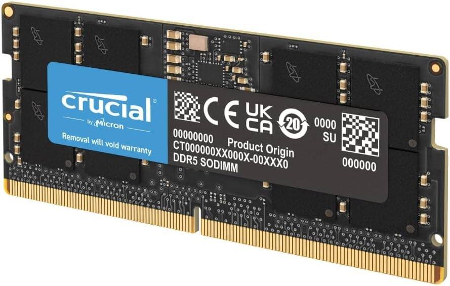 crucial by Micron  
Removal will void warranty  
CE UK CA 20  
000000000  
CT00000XX000X-00XXX0  
Product Origin DDR5 SODIMM  
000000  
SU  
000000