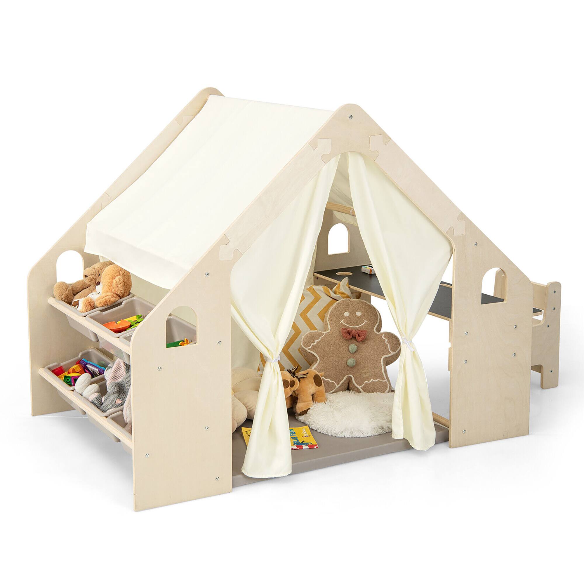Alt View 9. Gymax - Gymax 6-in-1 Kids Playhouse Wooden Play Tent w/ Blackboard Desk Chair 6 Storage Bins - Natural.