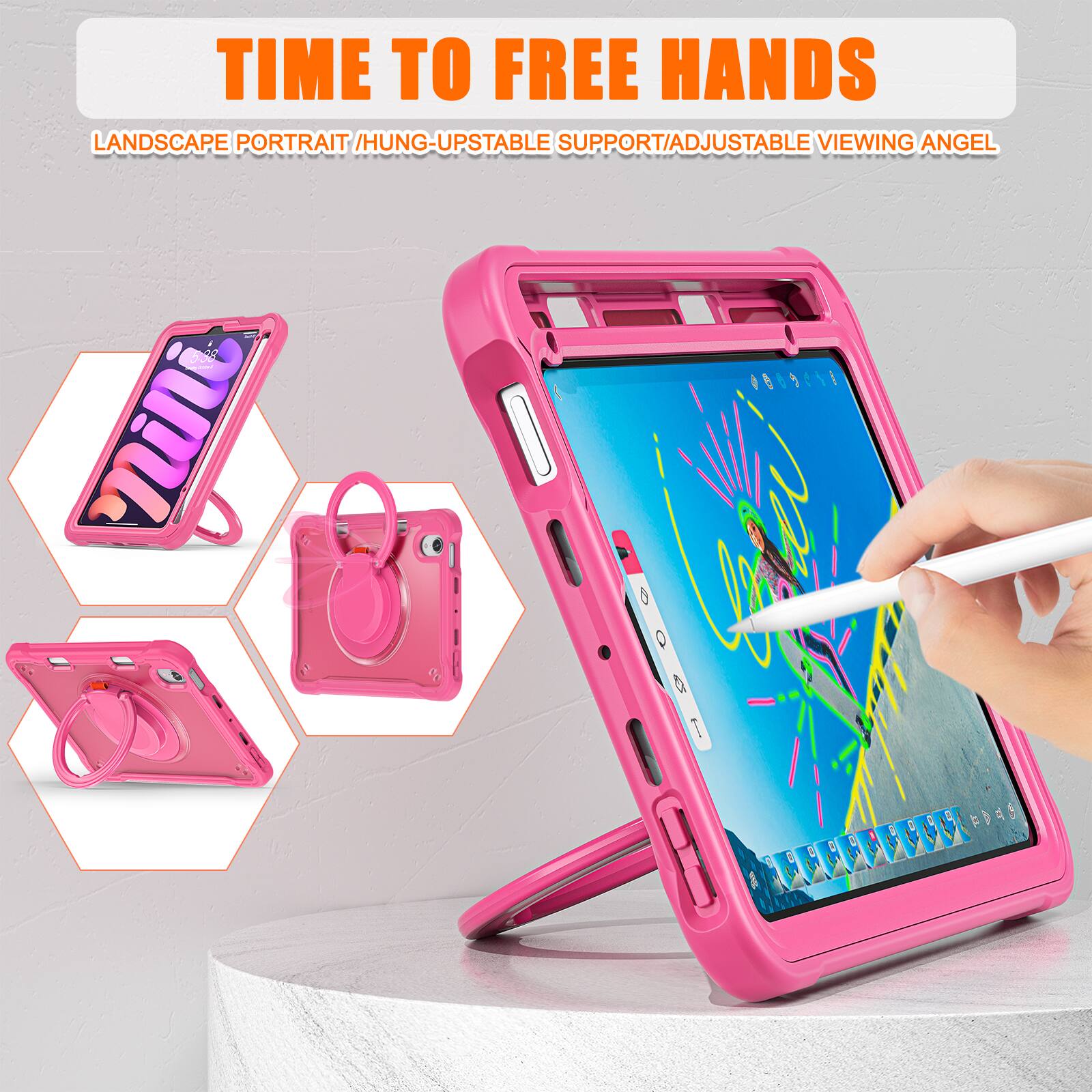 TIME TO FREE HANDS  
LANDSCAPE PORTRAIT / HUNG-UP STABLE SUPPORT / ADJUSTABLE VIEWING ANGLE