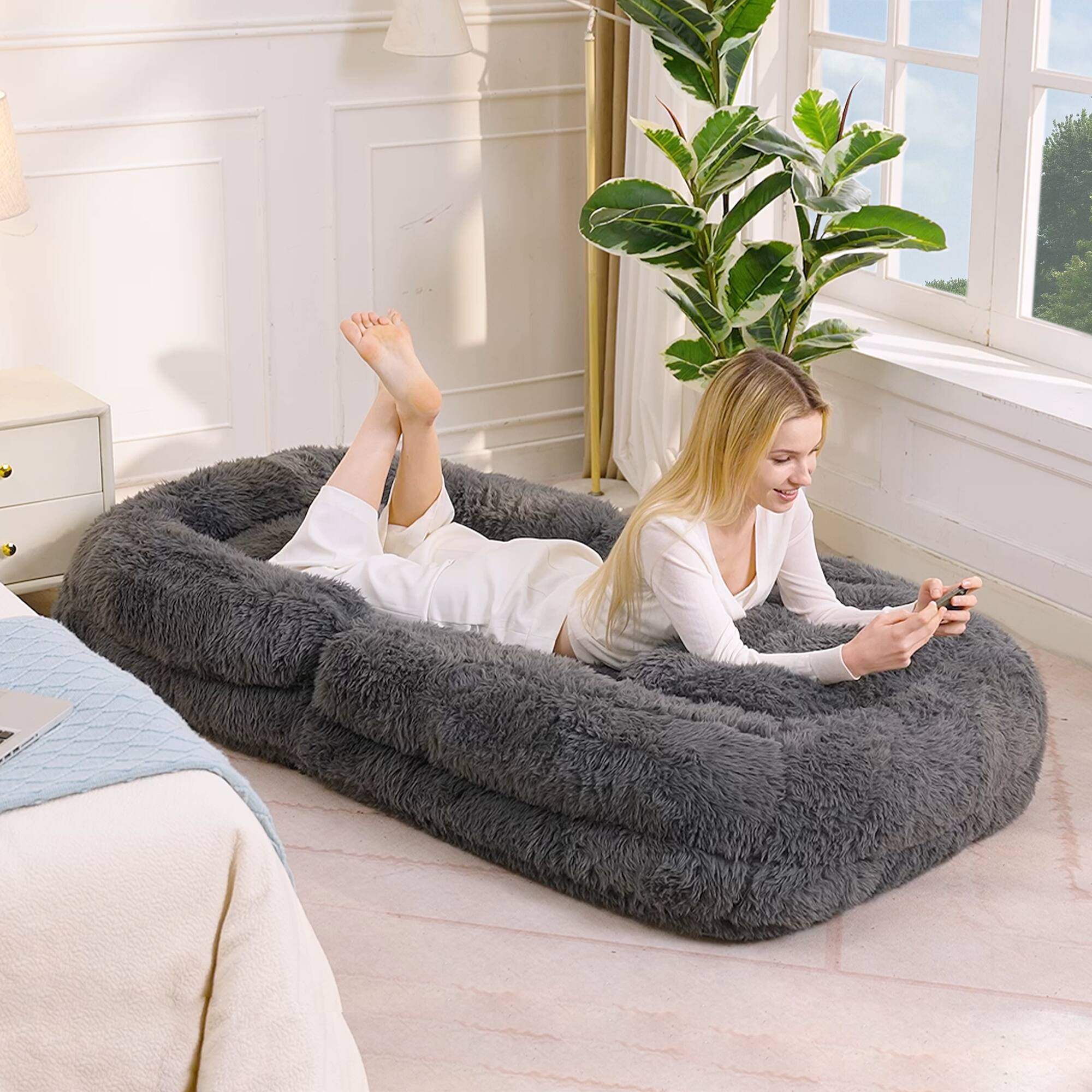 Alt View 5. LOVMOR - 69 Inch Faux Fur Bean Bag Chairs For Living Room Bedroom Office Plush Cozy Ultra Indoor Lounge Seating Comfort - Dark Gray.