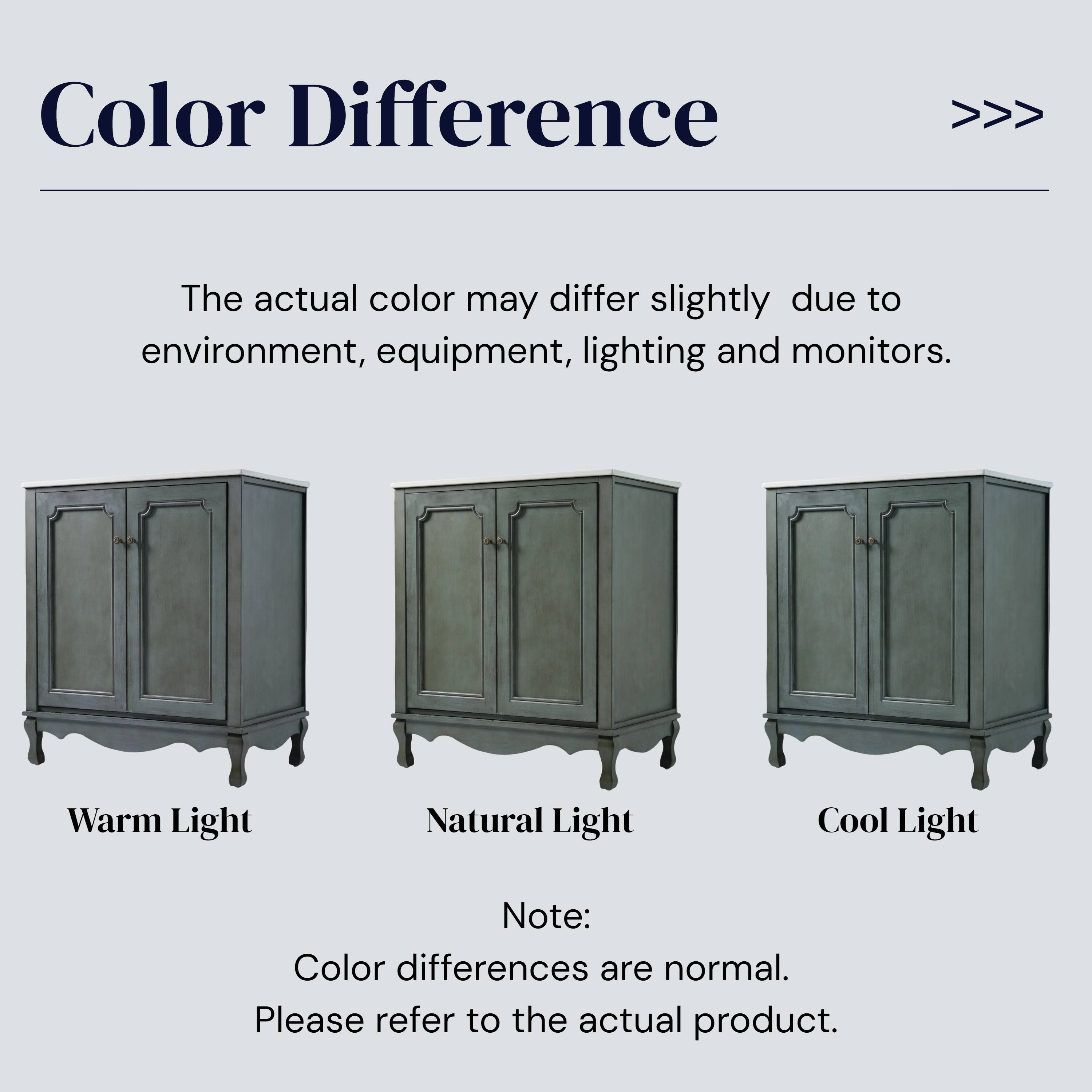 Color Difference

The actual color may differ slightly due to environment, equipment, lighting, and monitors.

Warm Light Natural Light Cool Light

Note:
Color differences are normal. Please refer to the actual product.