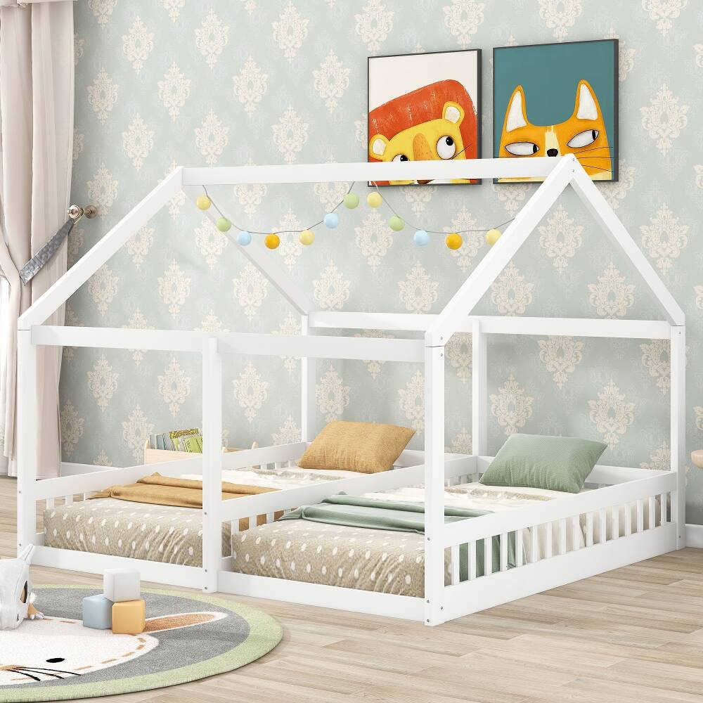 Angle. Loheer - Loheer Twin Size House Bed, 2 in 1 Shared Platform Bed for Kids, White - White.