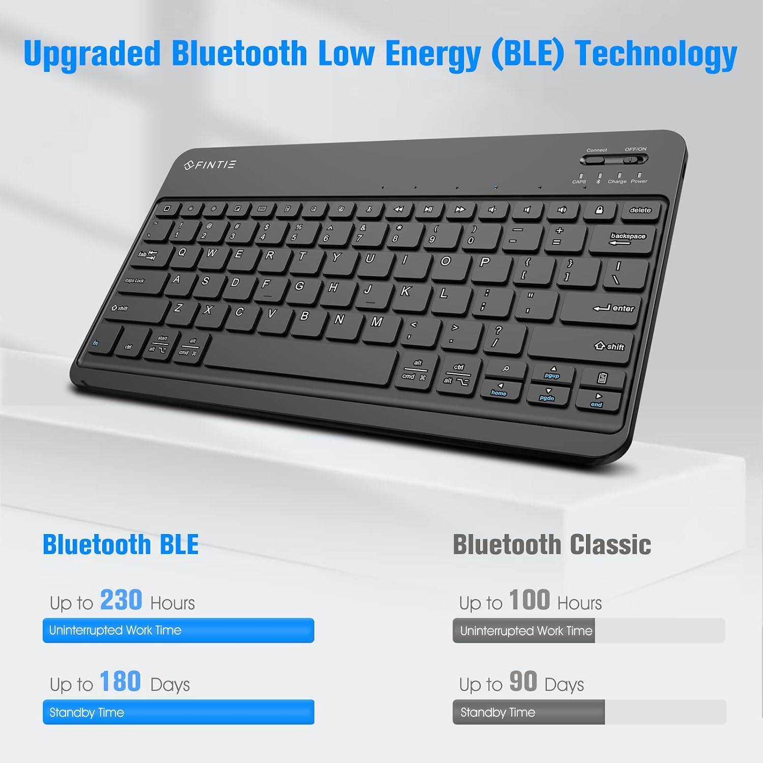 Upgraded Bluetooth Low Energy (BLE) Technology

Connect
OFFION
FINTIE
I CAPS
I 1 I I Charge Power
.  de
.
0 6 a / 9 1 2 A W A S Z X at X
0  3 E D C
a 9 g $ % 4 5 R T F G V 
:  6 Y H N
g & 7 U J M
 M  4  * 1 I - + 8 9 0 - = I O P ( ) I ] K L : n ; 0 V > ? 1 . I at ctrl Q A and X pgup at 4 pgda
delete backspace I I enter shift and
Bluetooth BLE
Bluetooth Classic
Up to 230 Hours Uninterrupted Work Time
Up to 100 Hours Uninterrupted Work Time
Up to 180 Days Standby Time
Up to 90 Days Standby Time