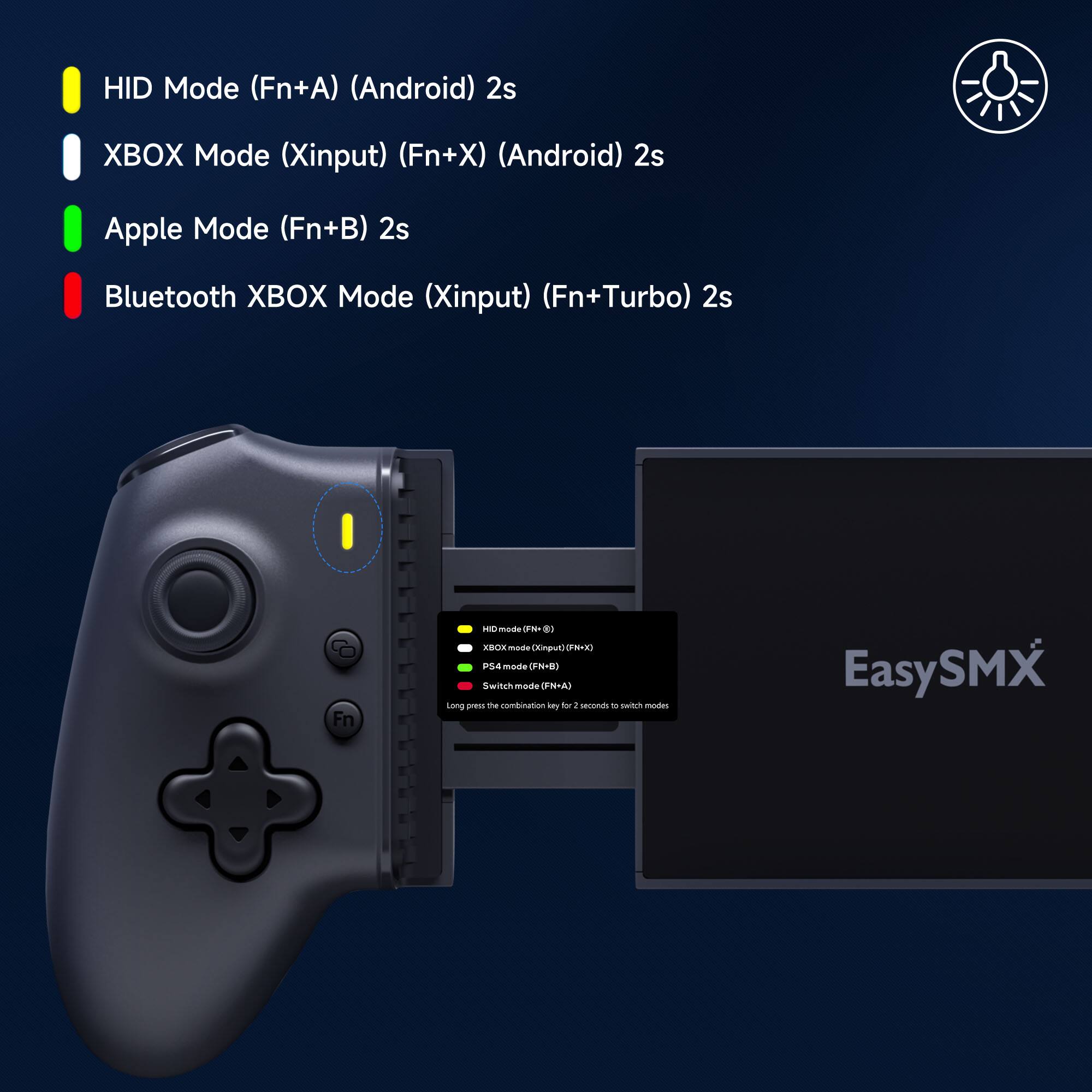 - HID Mode (Fn+A) (Android) 2s
- XBOX Mode (Xinput) (Fn+X) (Android) 2s
- Apple Mode (Fn+B) 2s
- Bluetooth XBOX Mode (Xinput) (Fn+Turbo) 2s

HID Mode (Fn+A)
XBOX Mode (Fn+X)
P4 Mode (Fn+B)
Switch mode (Fn+A)

Long press the combination key for 2 seconds to switch modes