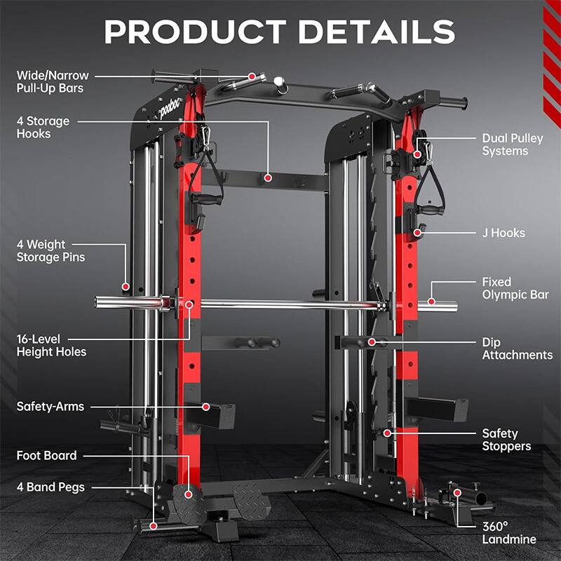 PRODUCT DETAILS  
- Wide/Narrow Pull-Up Bars  
- 4 Storage Hooks  
- Dual Pulley Systems  
- 4 Weight Storage Pins  
- J Hooks  
- Fixed Olympic Bar  
- 16-Level Height Holes  
- Dip Attachments  
- Safety-Arms  
- Foot Board  
- Safety Stoppers  
- 4 Band Pegs  
- 360° Landmine