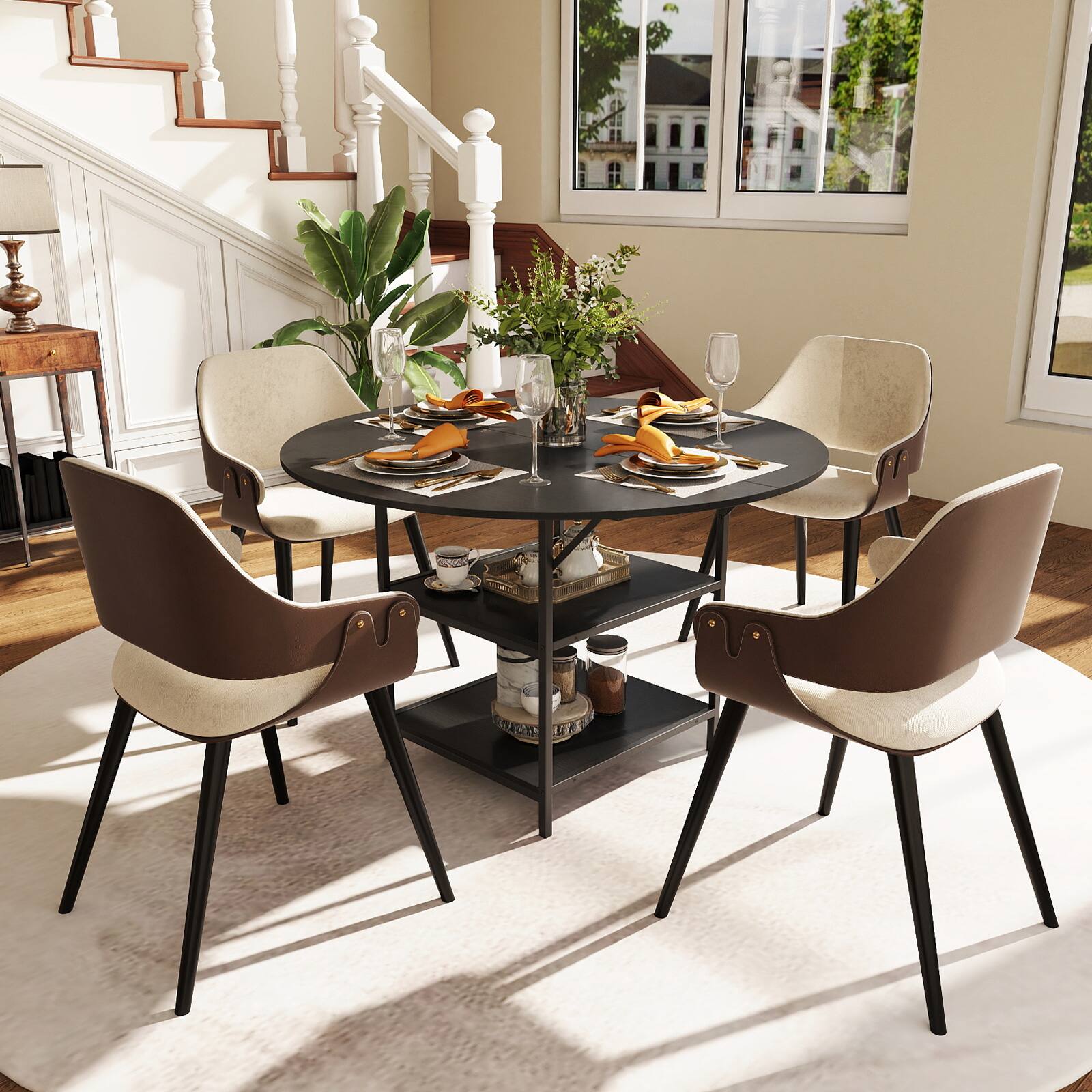 Alt View 5. Gymax - Gymax 47'' Round Dining Table for w/2-Tier Storage Shelves & Heavy-Duty Metal Frame Black - Black.