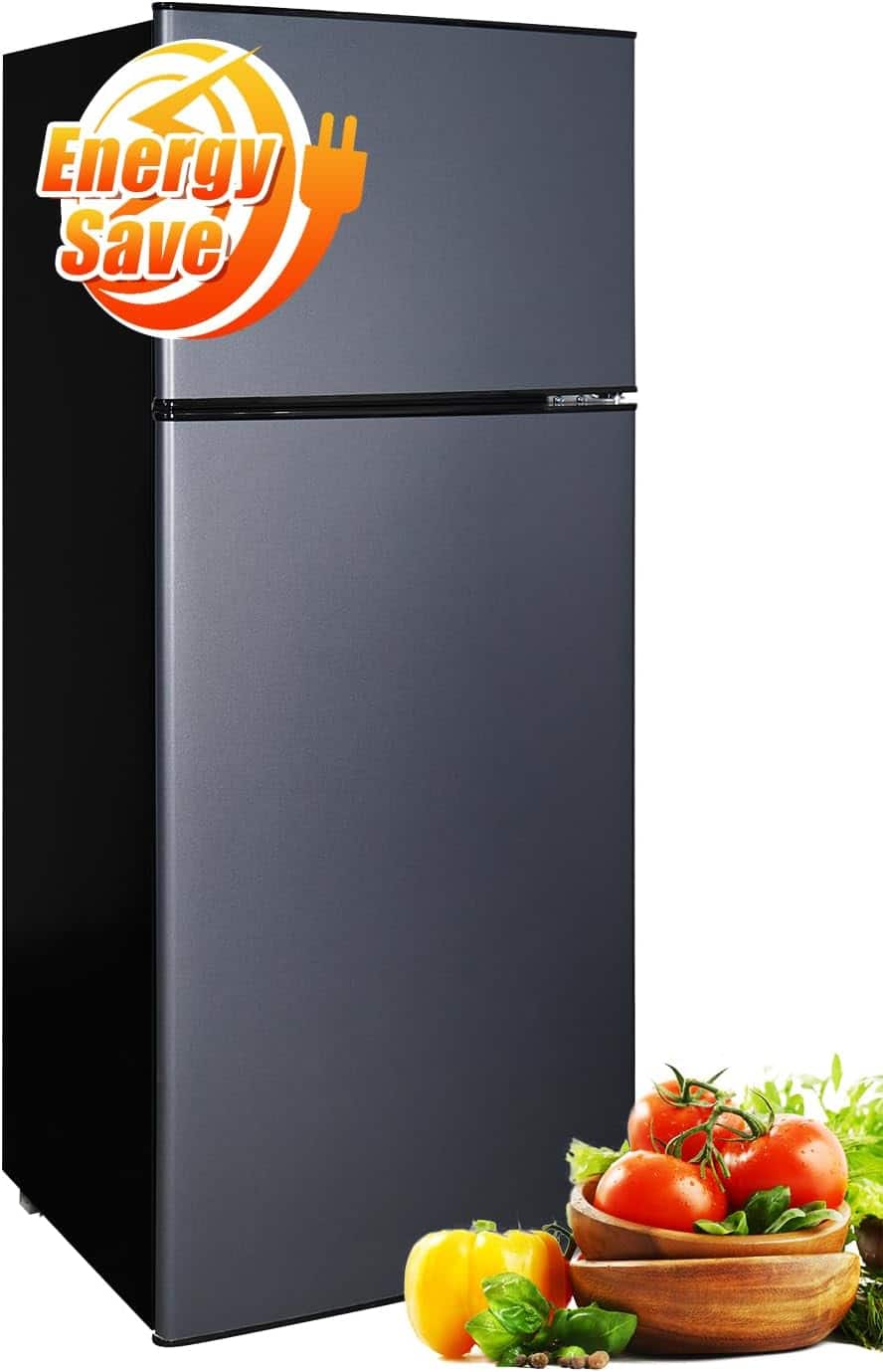Loheer - 7.4 Cu. Ft. Top-Mount Refrigerator with Separate Freezer, Glass Shelves & LED Lighting - VCM Steel - Blue