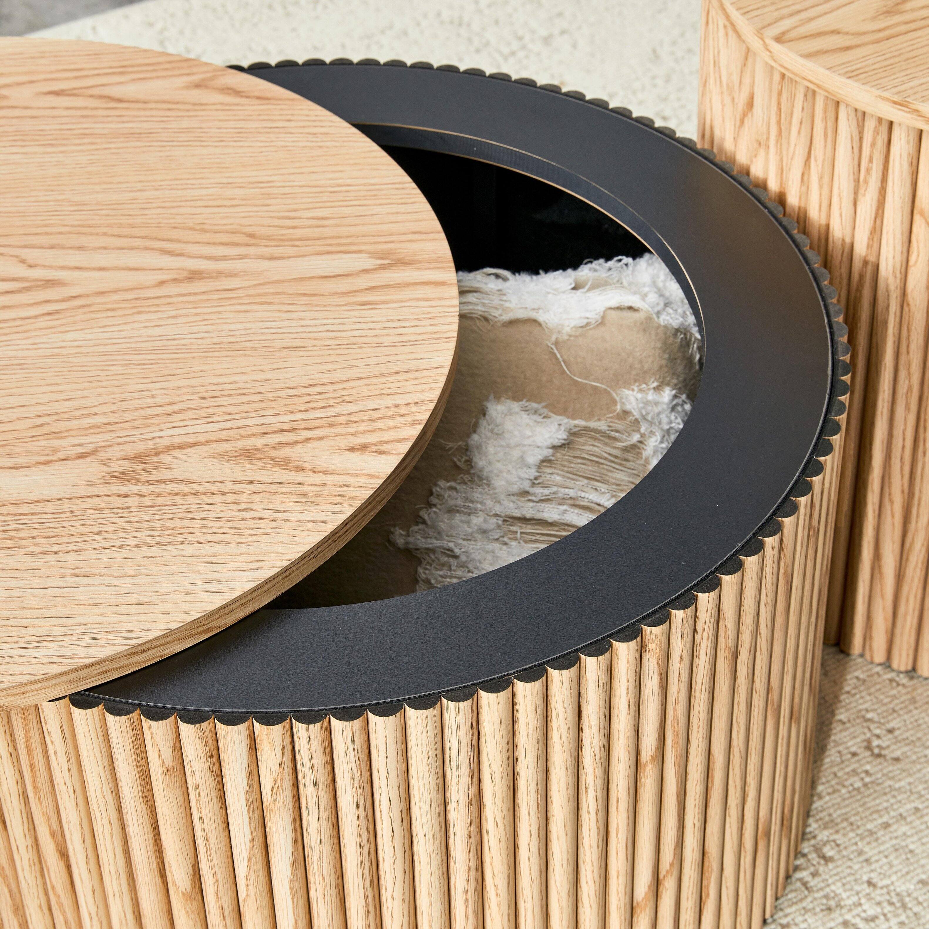 Alt View 6. Loheer - Loheer- 2.6ft Round Nesting Coffee Table Set with Storage Roman Column Light Wood Grain Side Tables for Living Room - Wood.