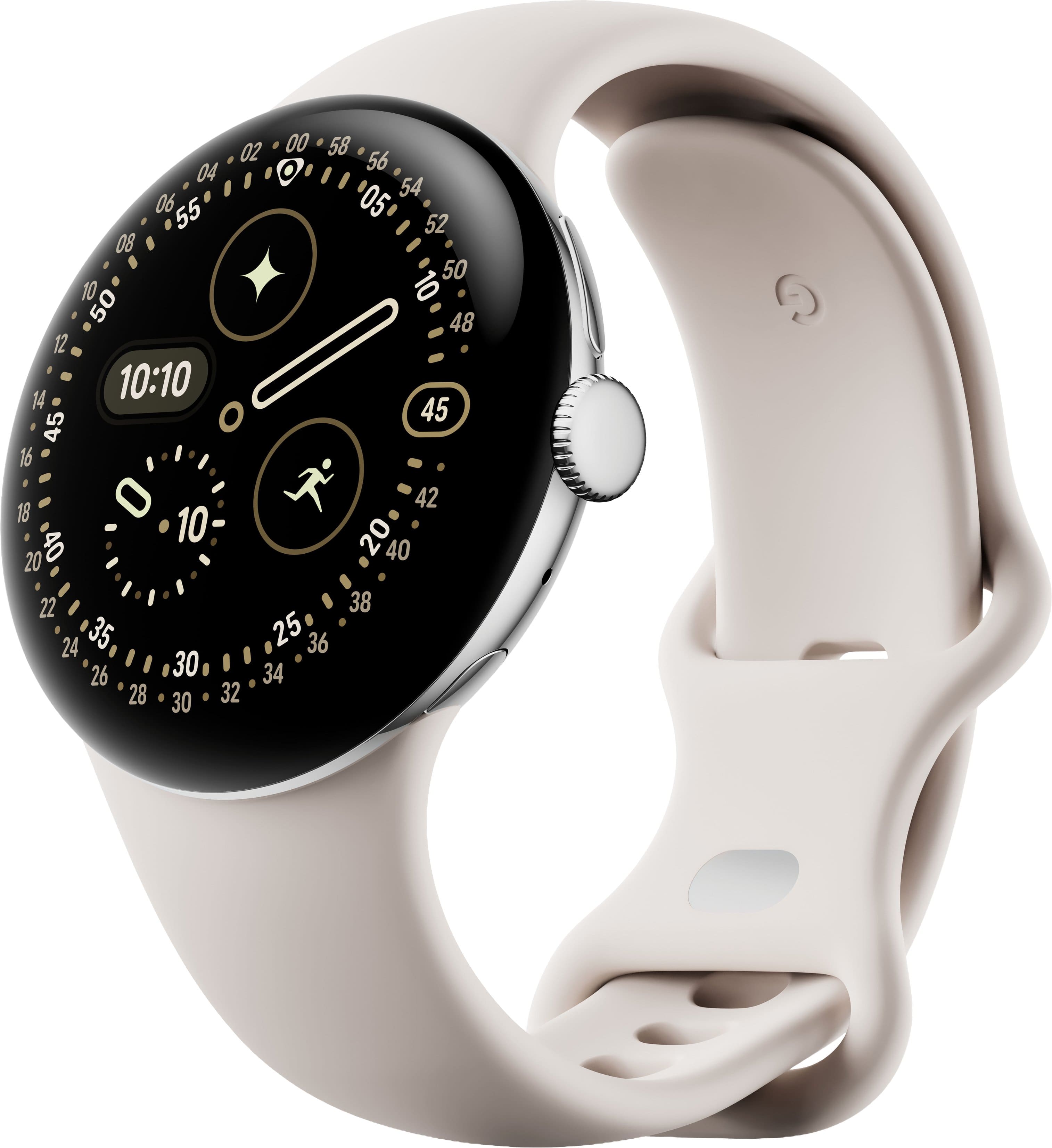 Front. Google - Google Pixel Watch 4 (41mm) - LTE - Polished Silver Case - Porcelain Band.
