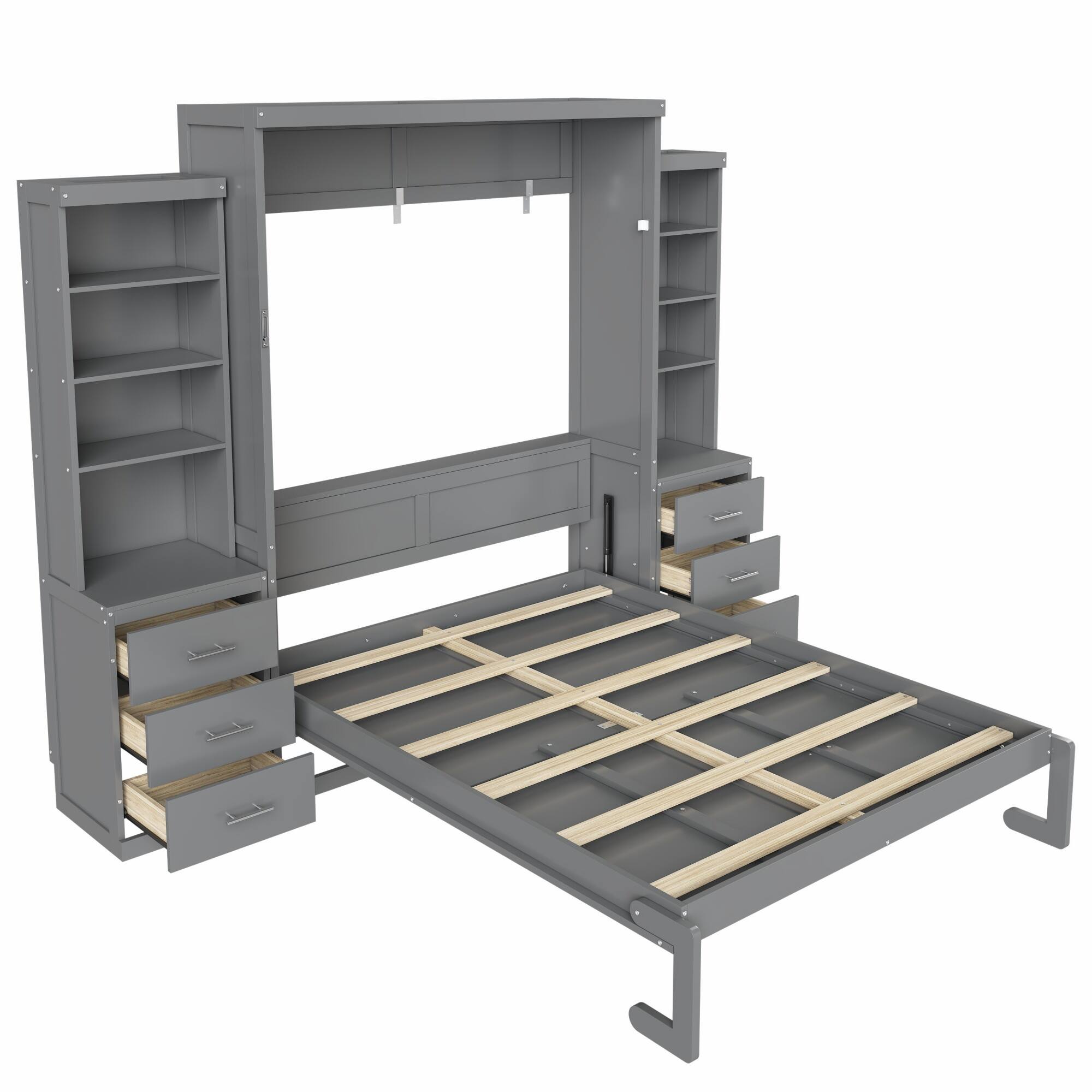 Alt View 1. Whisen - Full Size Murphy Bed with Storage Shelves & Drawers, MDF & Pine Wood Space-Saving Bed - Gray.