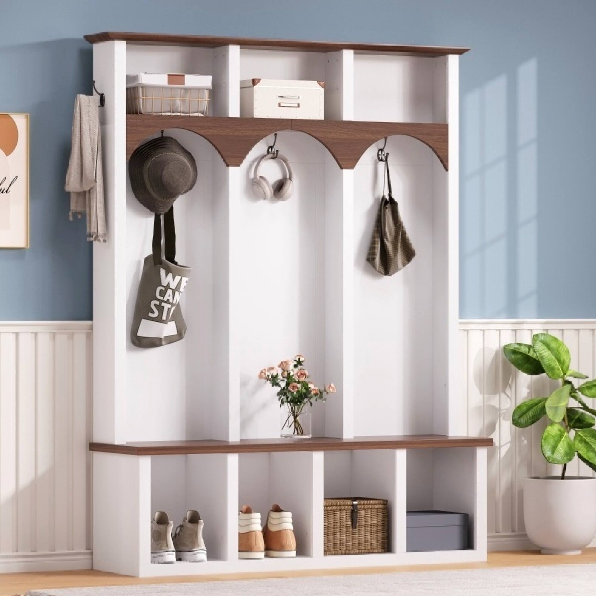 Alt View 10. GOODSILO - Elegant Farmhouse Entryway Hall Tree with Storage Bench and Multiple Hooks for Organized Living Spaces - White.