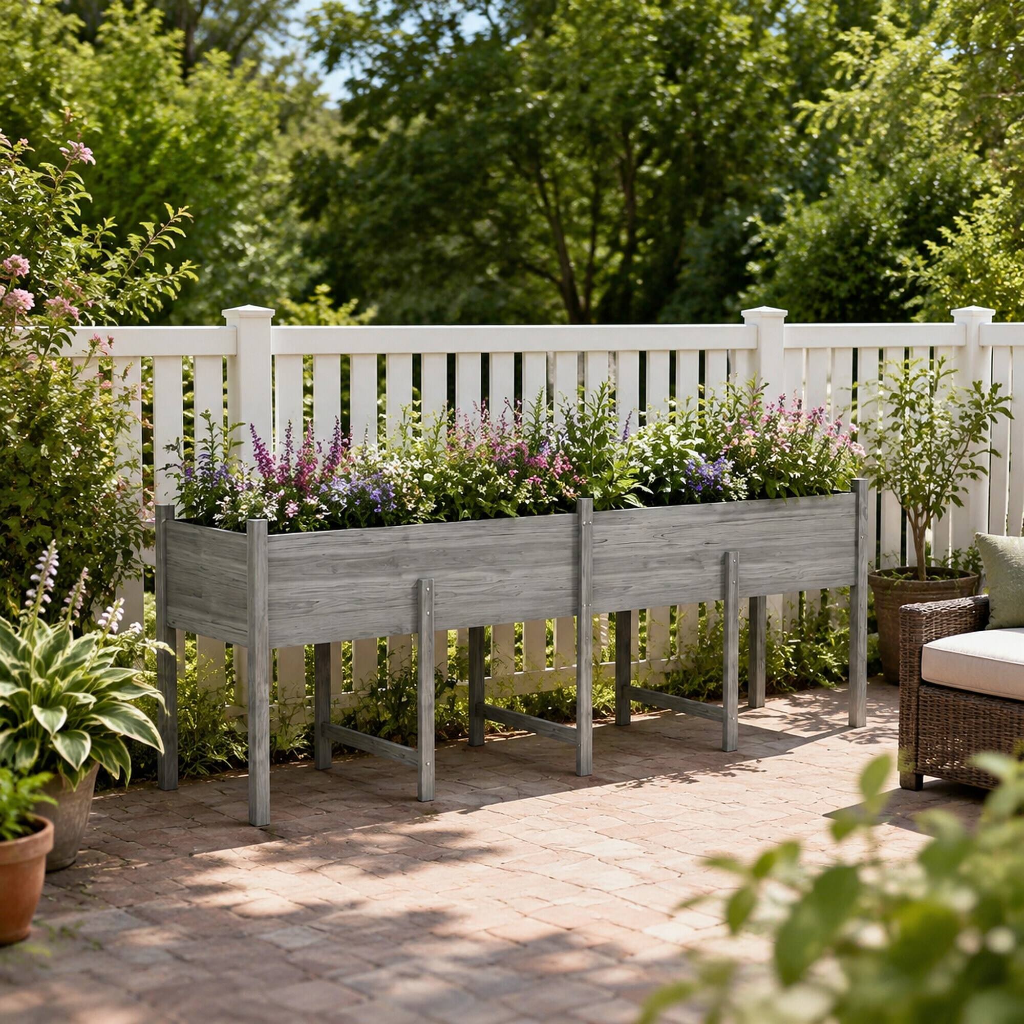 Back. RYHNUYNE - Elevated Wooden Raised Garden Bed with Legs, Extra Large 86.5 by 19.75 Inch Planter Box with Drain Holes - Grey.