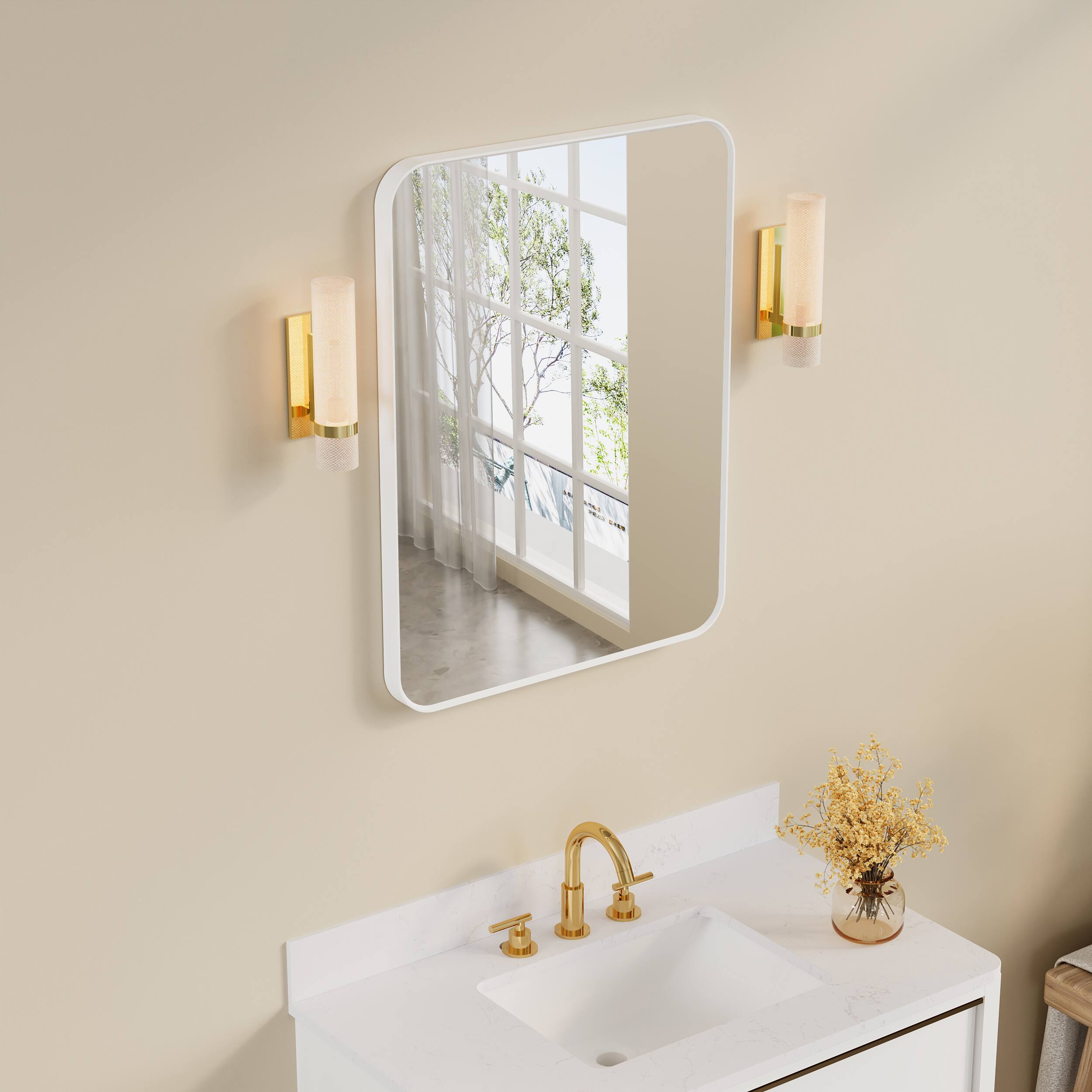 Left. WELLFOR - 24 in. W. x 32 in. H Rectangular Aluminum Framed Wall-Mounted Bathroom Vanity Mirror - White.