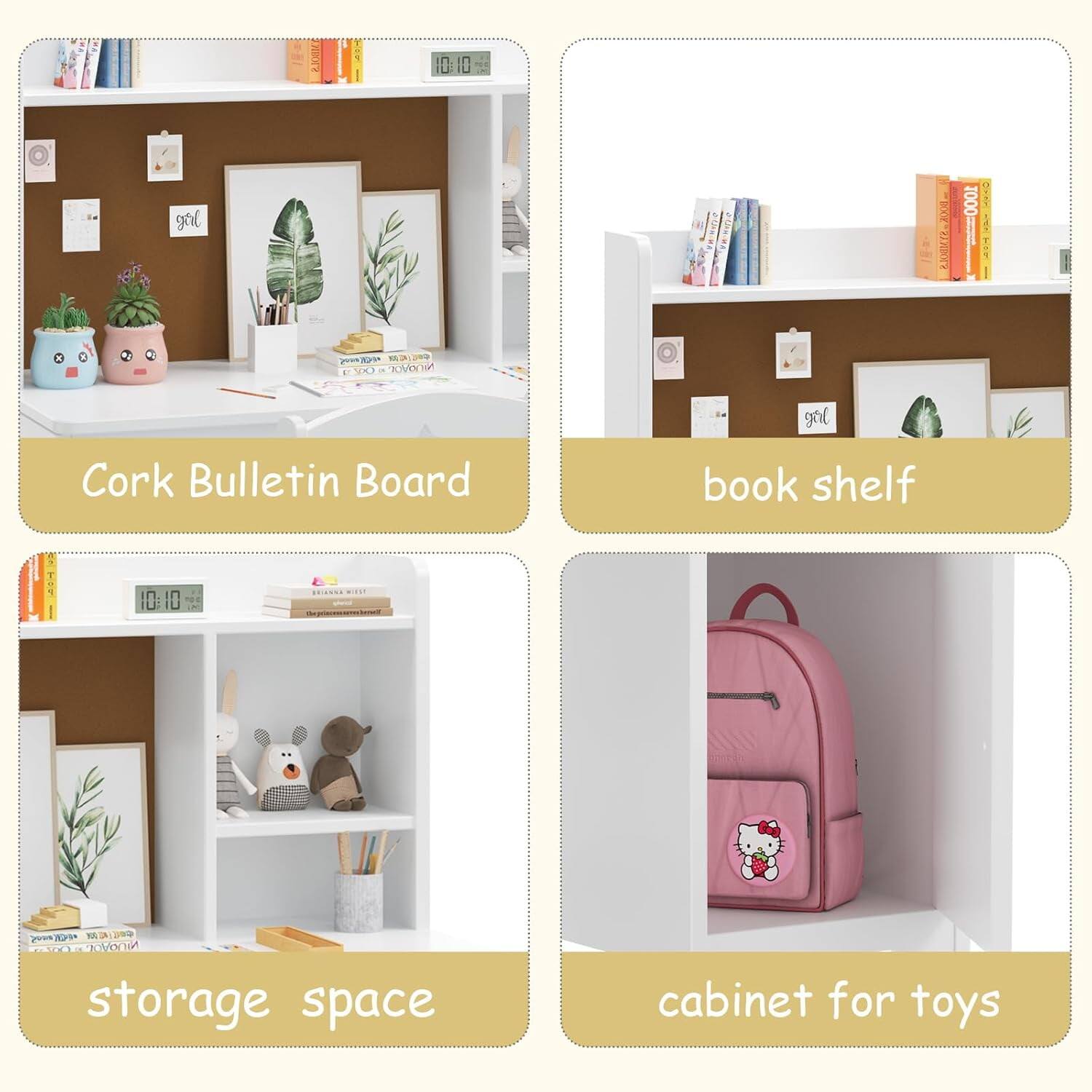 Cork Bulletin Board  
book shelf  
storage space  
cabinet for toys