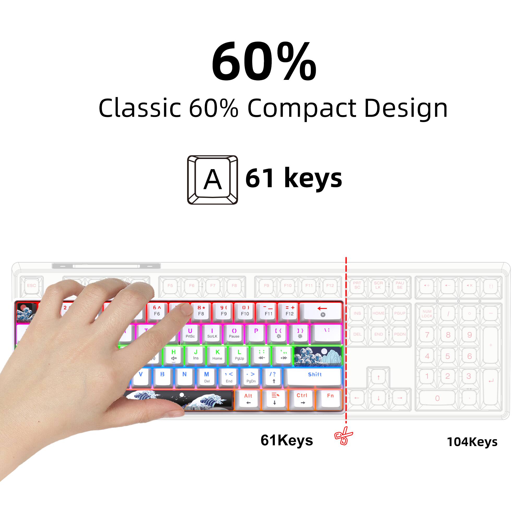 60%  
Classic 60% Compact Design  
61 keys  

61Keys  
104Keys