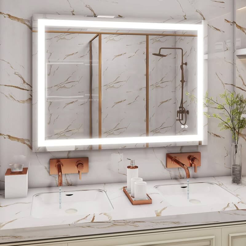 Angle. WELLFOR - 48 in W x36 in H Rectangular Frameless Anti-Fog LED Bathroom Vanity Mirror, Wall Mounted Mirror with Memory Function - Silver.