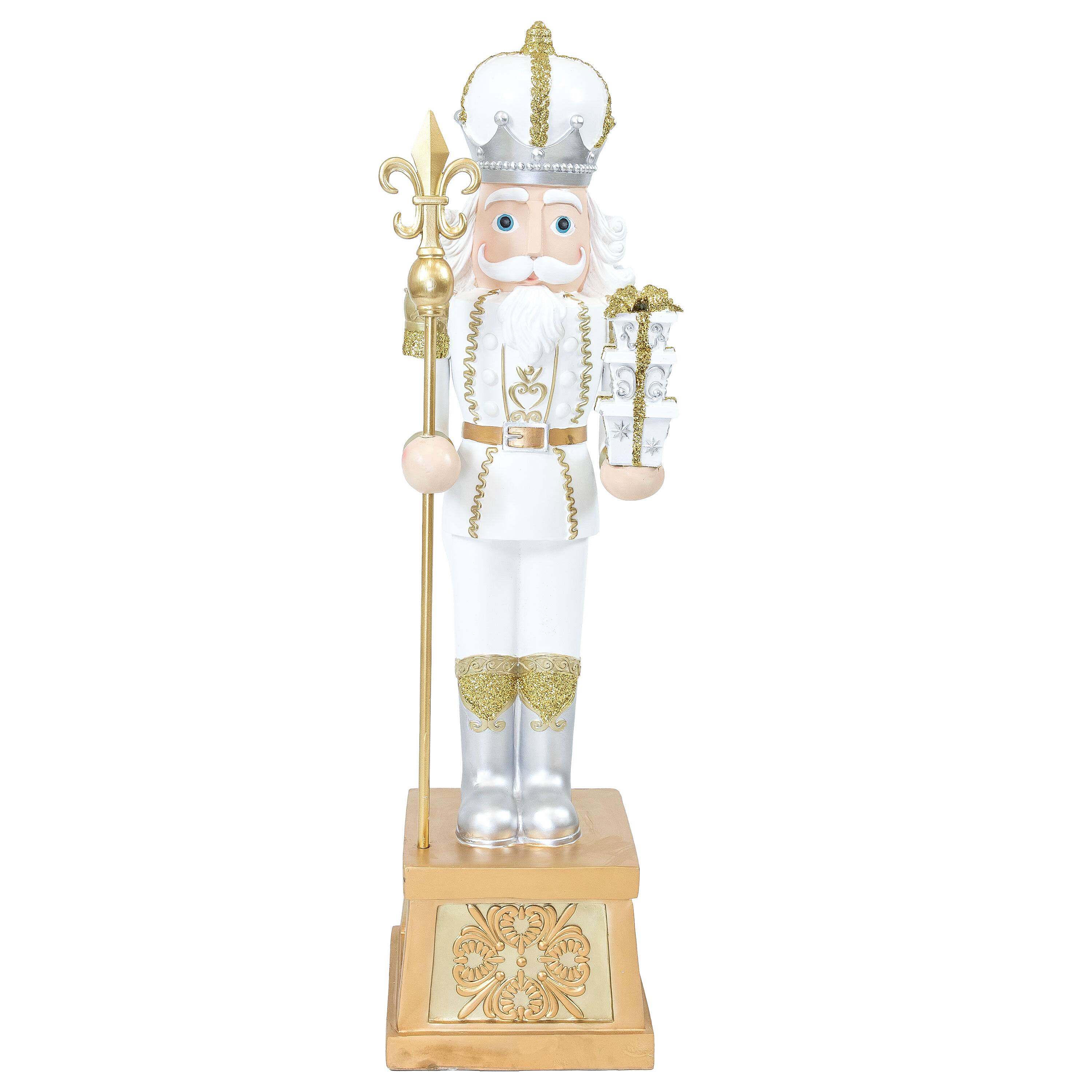 Front. Sunnydaze - Pierre the Fleur-de-Lis Christmas Nutcracker Statue - 47" H - White.