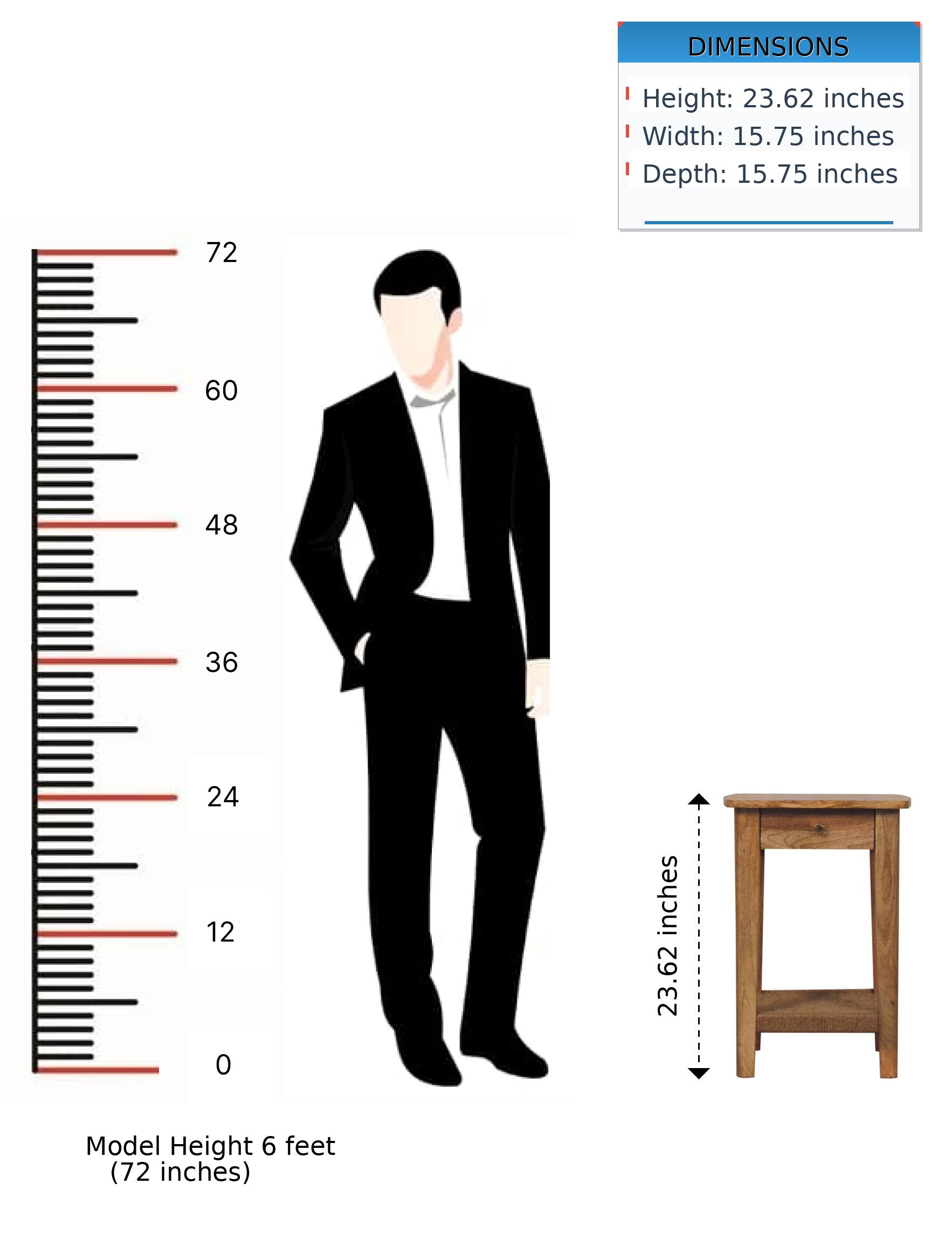 DIMENSIONS  
Height: 23.62 inches  
Width: 15.75 inches  
Depth: 15.75 inches  

Model Height: 6 feet (72 inches)