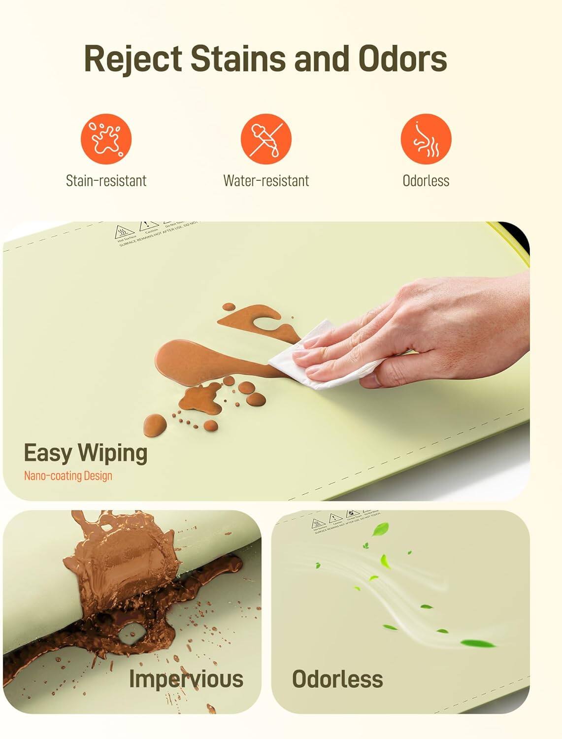 Reject Stains and Odors

- Stain-resistant
- Water-resistant
- Odorless

Easy Wiping
Nano-coating Design

Impervious
Odorless