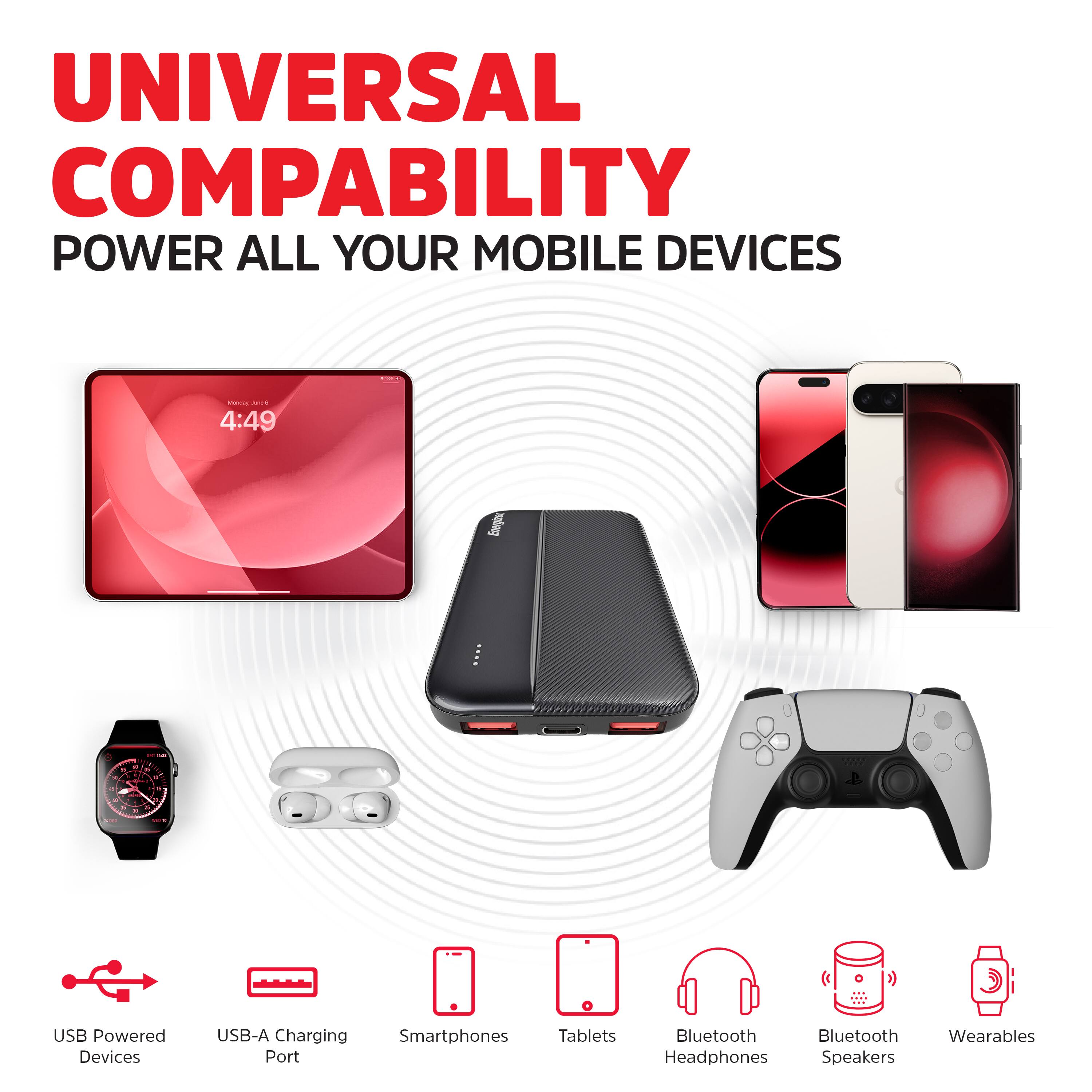 UNIVERSAL COMPATIBILITY  
POWER ALL YOUR MOBILE DEVICES  

- USB Powered Devices  
- USB-A Charging Port  
- Smartphones  
- Tablets  
- Bluetooth Headphones  
- Bluetooth Speakers  
- Wearables