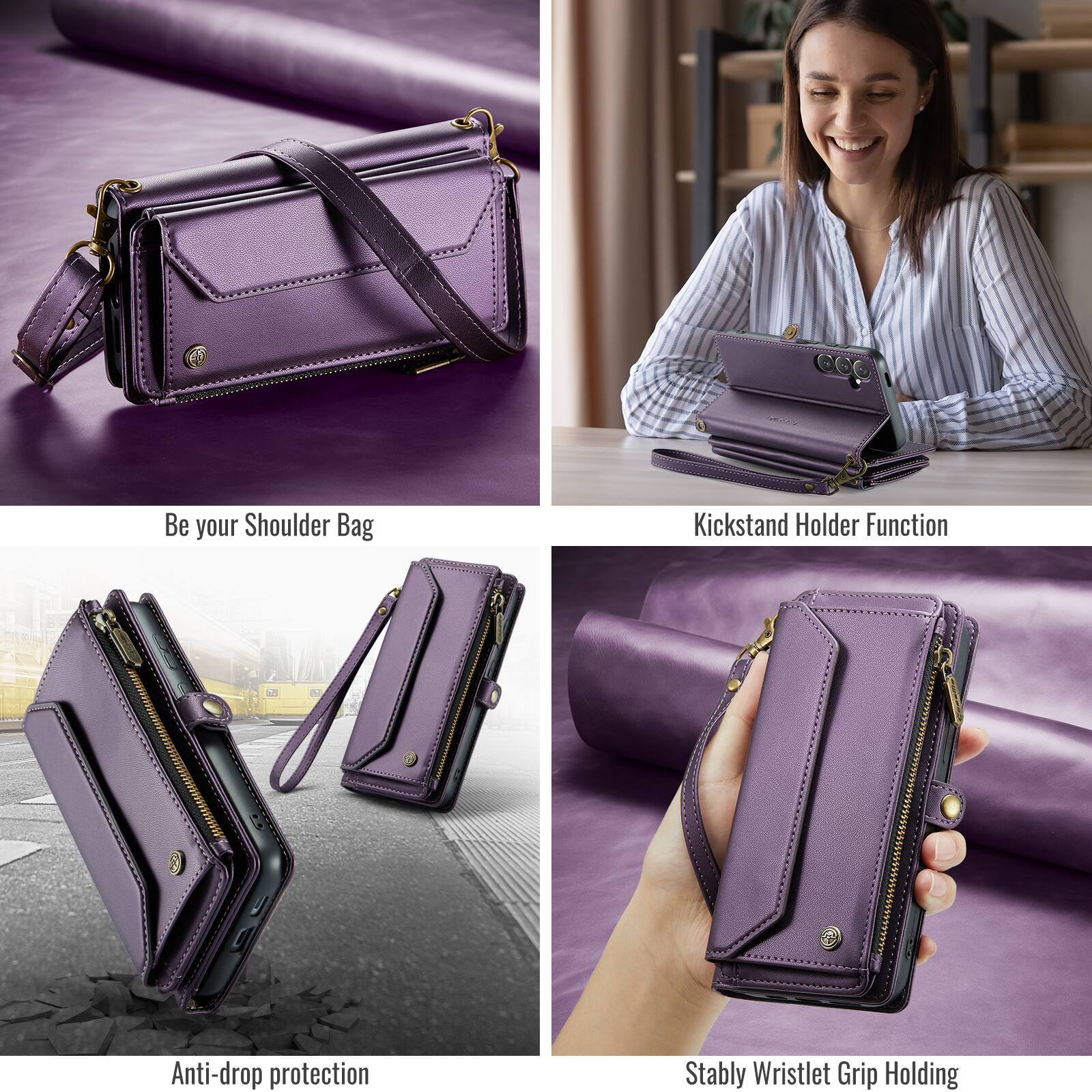 Be your Shoulder Bag  
Kickstand Holder Function  
Anti-drop protection  
Stably Wristlet Grip Holding