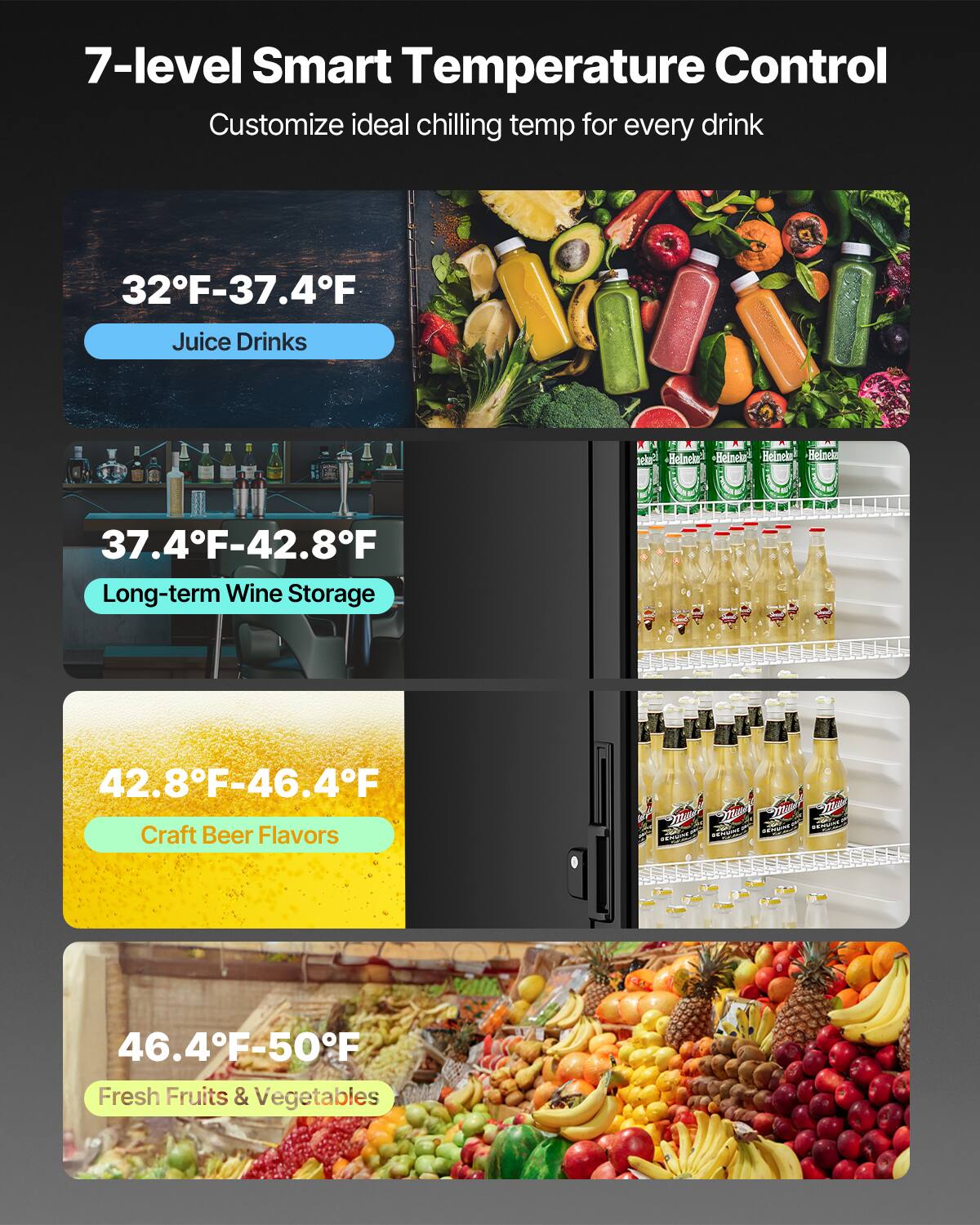 7-level Smart Temperature Control
Customize ideal chilling temp for every drink
32F-37.4F Juice Drinks
37.4F-42.8F Long-term Wine Storage
42.8F-46.4F Craft Beer Flavors
46.4F-50F Fresh Fruits & Vegetables