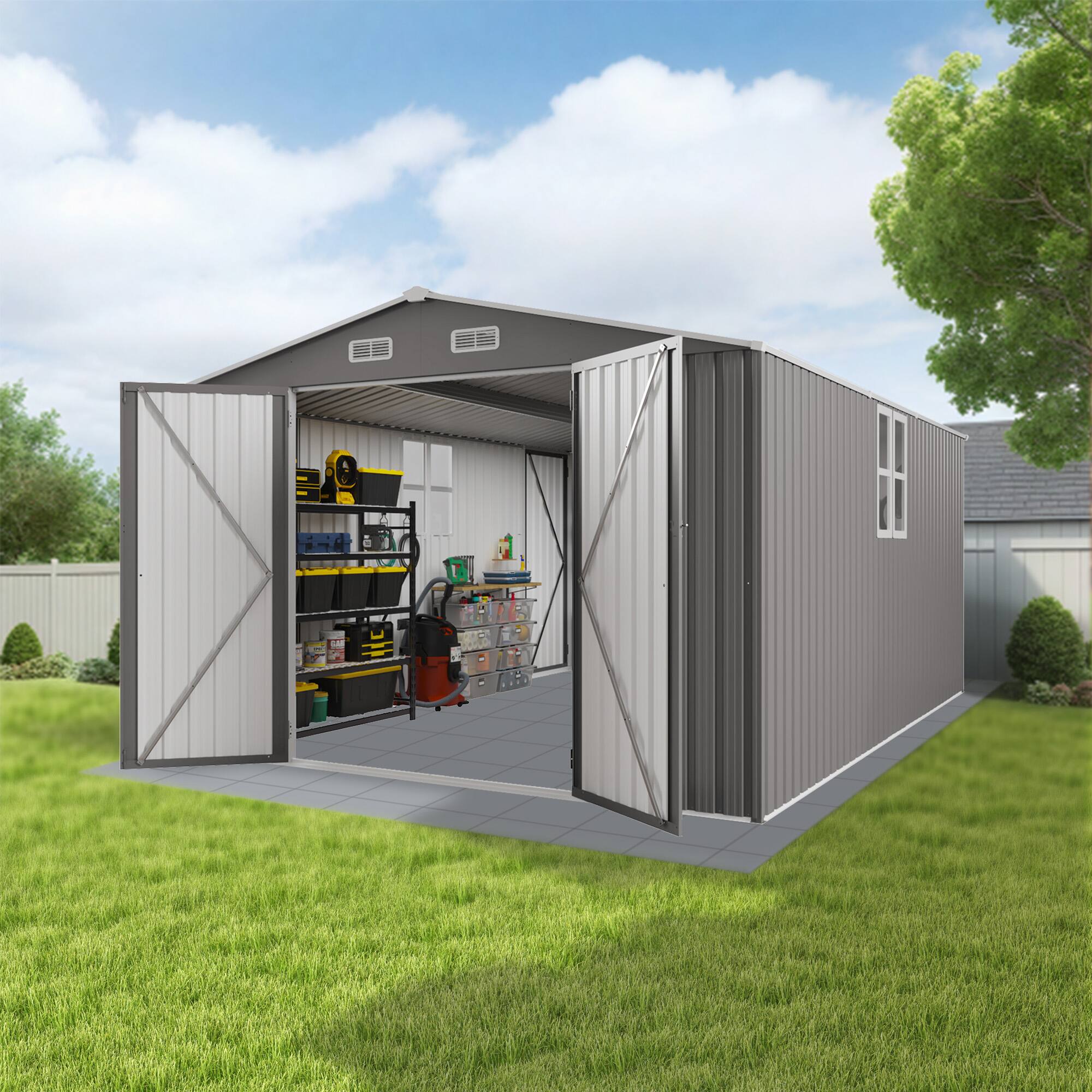 Alt View 2. TinyHomie - 10 x 14FT Outdoor Metal Storage Shed Durable Garden Shed with Three Lockable Doors and Clear Window All-Weather Shelter.