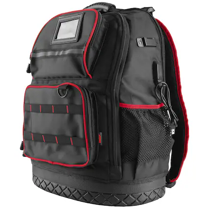 Front. Stalwart - Tool Backpack Heavy Duty Tool Bag with Laptop Sleeve, USB Charging Port, Side Pouches, Multi Pockets and Rubber Base.