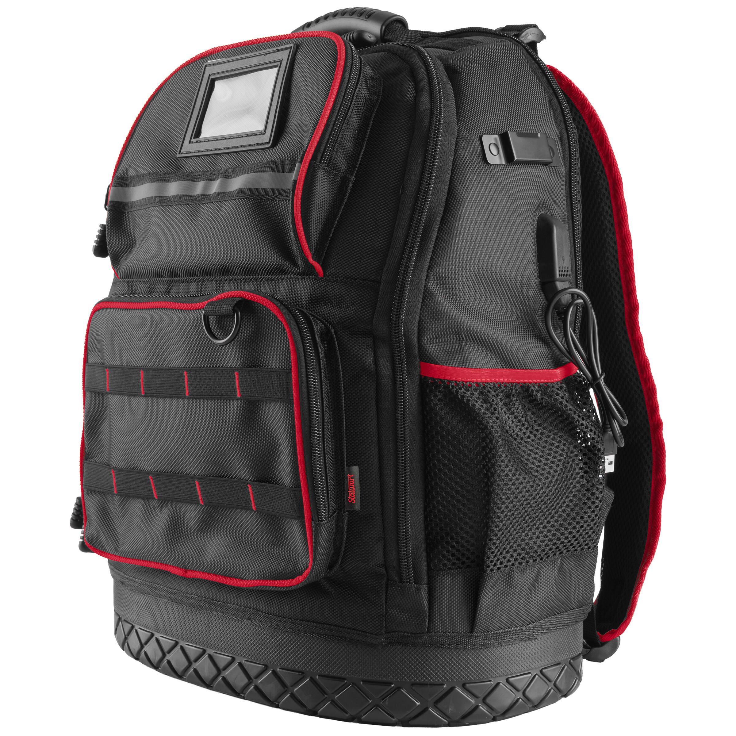 Front. Stalwart - Tool Backpack Heavy Duty Tool Bag with Laptop Sleeve, USB Charging Port, Side Pouches, Multi Pockets and Rubber Base.