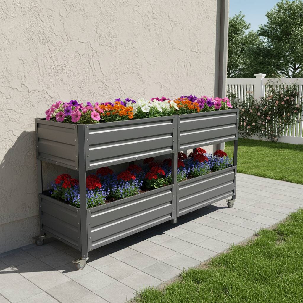 Back. Loheer - Loheer Dual Tier Elevated Metal Raised Garden Bed with Wheels Staggered Planter Box for Outdoor Patio Grey.