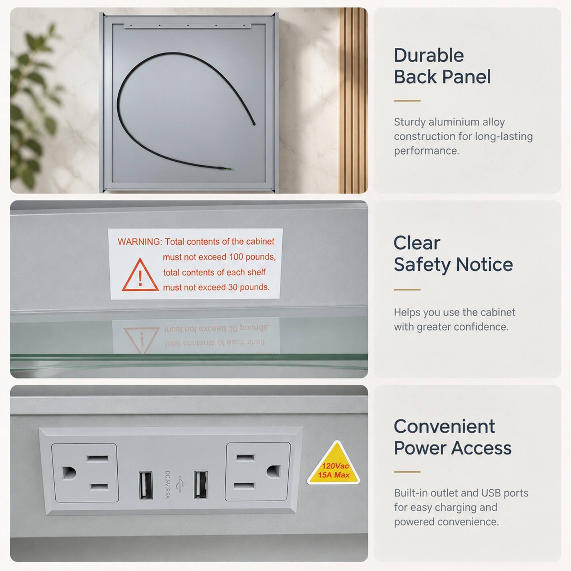 Durable Back Panel  
Sturdy aluminium alloy construction for long-lasting performance.

WARNING: Total contents of the cabinet must not exceed 100 pounds, total contents of each shelf must not exceed 30 pounds.

Clear Safety Notice  
Helps you use the cabinet with greater confidence.

Convenient Power Access  
Built-in outlet and USB ports for easy charging and powered convenience.  
120Vac 15A Max